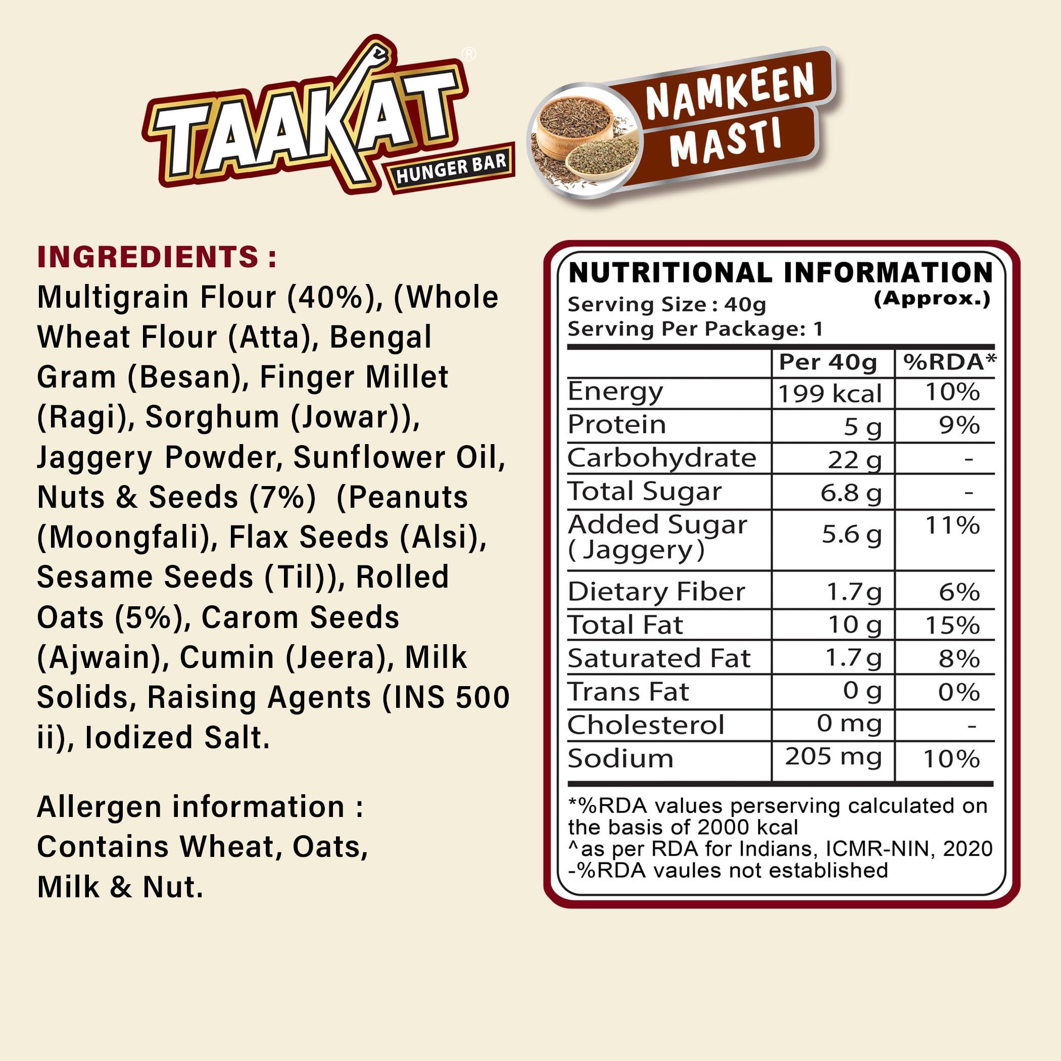 Taakat Hunger Bar Taakat Hunger Bar - Assorted Box of 20 bars (10 bars of Almond Delight, 5 bars of Namkeen Masti and 5 bars of Crunchy Coconut) | Multigrain | Nuts & Seeds | Pure Jaggery | Source of Protein & Fiber | No Maida | No Palm Oil | No Refined Sugar | Baked