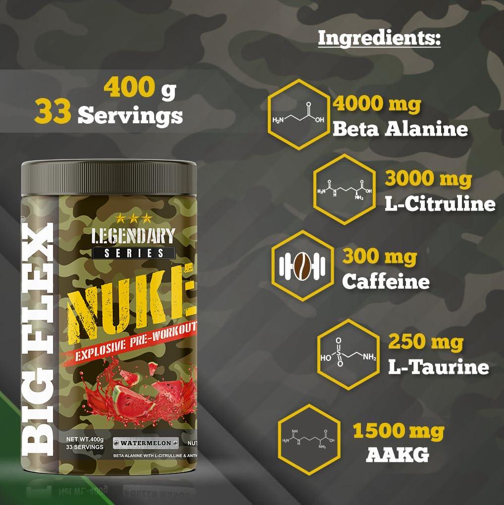 Bigflex Bigflex Nuke Pre Workout Powder| 33 Servings |Energy Booster| |Muscle Pump| |Strength Improvement| Preworkout For Men | Pre Workout For Women (Watermelon, 400 gm)