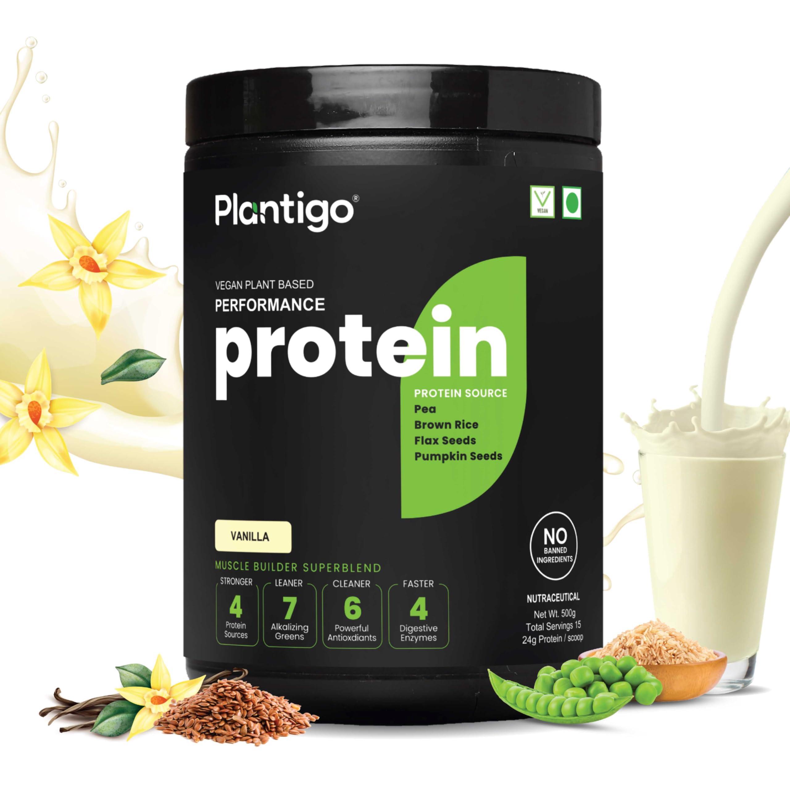 PLANTIGO Plantigo Protein Powder 24g Plant Based Protein, 3g BCAA, 2g Leucine, 3g Fiber, 4x Fast Digestion, 95% Bioavailability, 3x Anti Oxidants, Anti Inflammatory, Vitamins, Minerals - Vanilla Flavored 500g