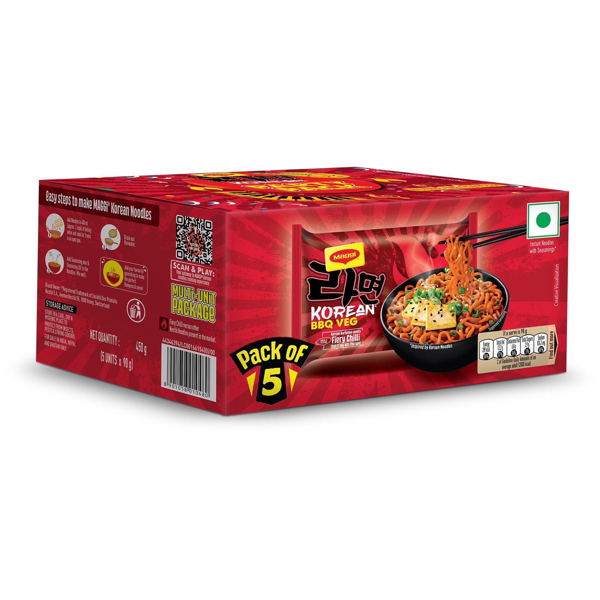MAGGI MAGGI Korean BBQ Veg Noodles PARTY PACK, Easy to Cook, Instant Noodles With Seasoning, Korean Barbeque Meets Fiery Chilli, 5x90g