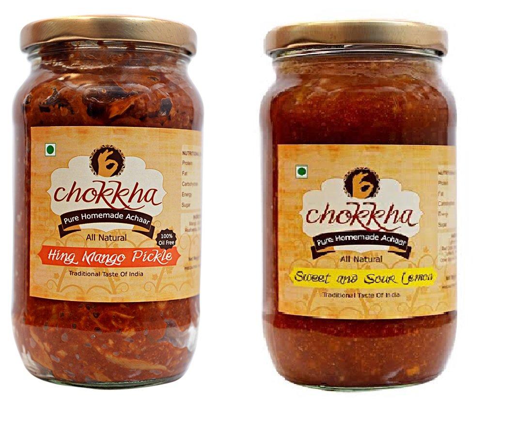 Chokkha Chokkha Traditional Homemeade Hing Mango & Sweet & Sour Lemon (Hing Aam, Khatta Meetha Nimbu) | No colour Added | Vegan | 100% Oil-Free | Combo of 2 | 400 Gm Each