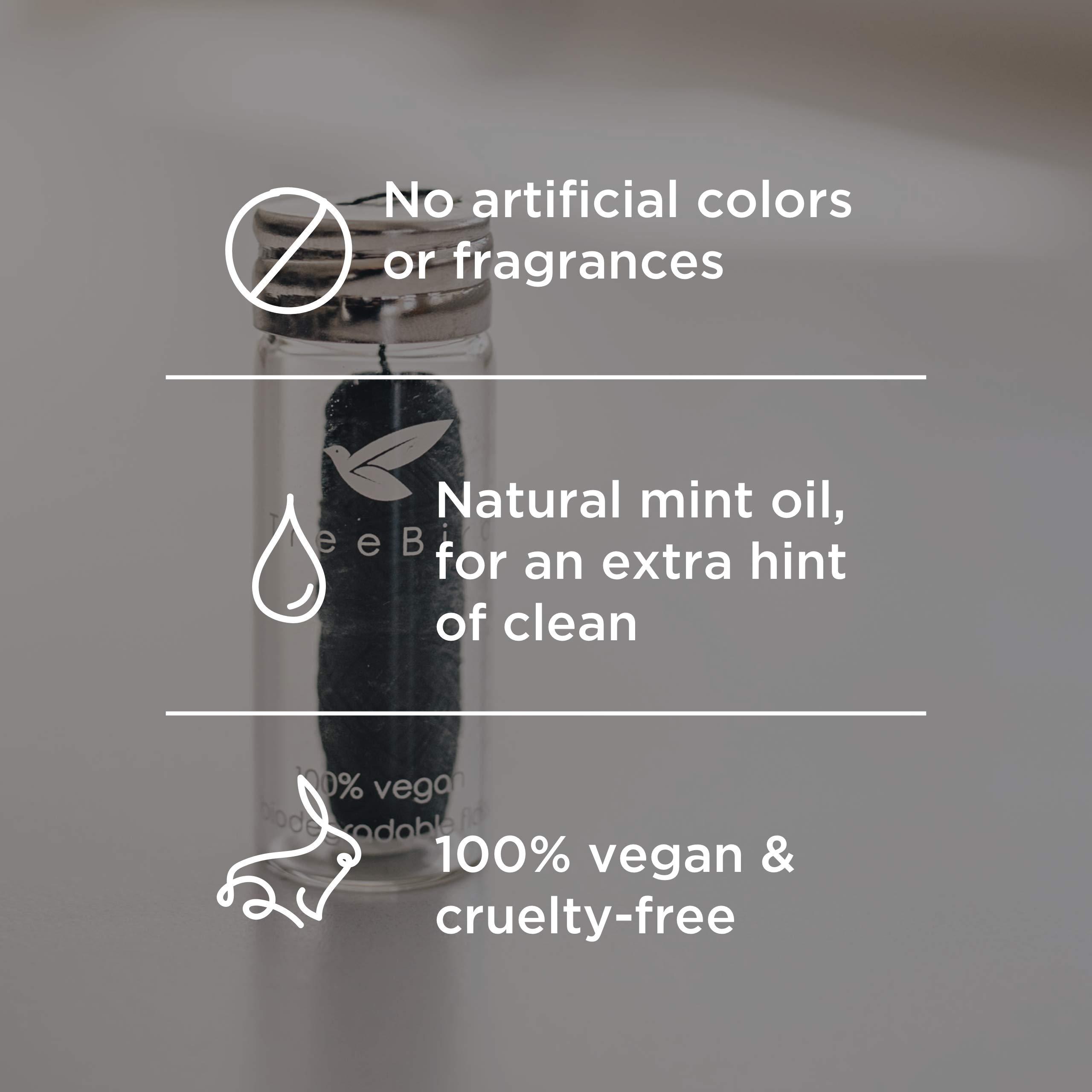 TreeBird Organic Biodegradable Bamboo Charcoal Dental Floss & Refillable Glass Holder | Vegan | Naturally Waxed With Candelilla Wax | 33yd Thread Spool | Eco-Friendly Zero Waste Oral Care | Mint Flavored