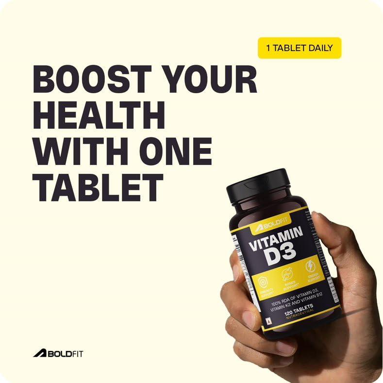 Boldfit Boldfit Vitamin D Supplement Vitamin D3 K2 MK7 & Vitamin B12 Supplement for Men & Women Energy Support, Bone Health, Immune Support, Daily Vitamin D Supplement for Wellness -120 Veg Tablets