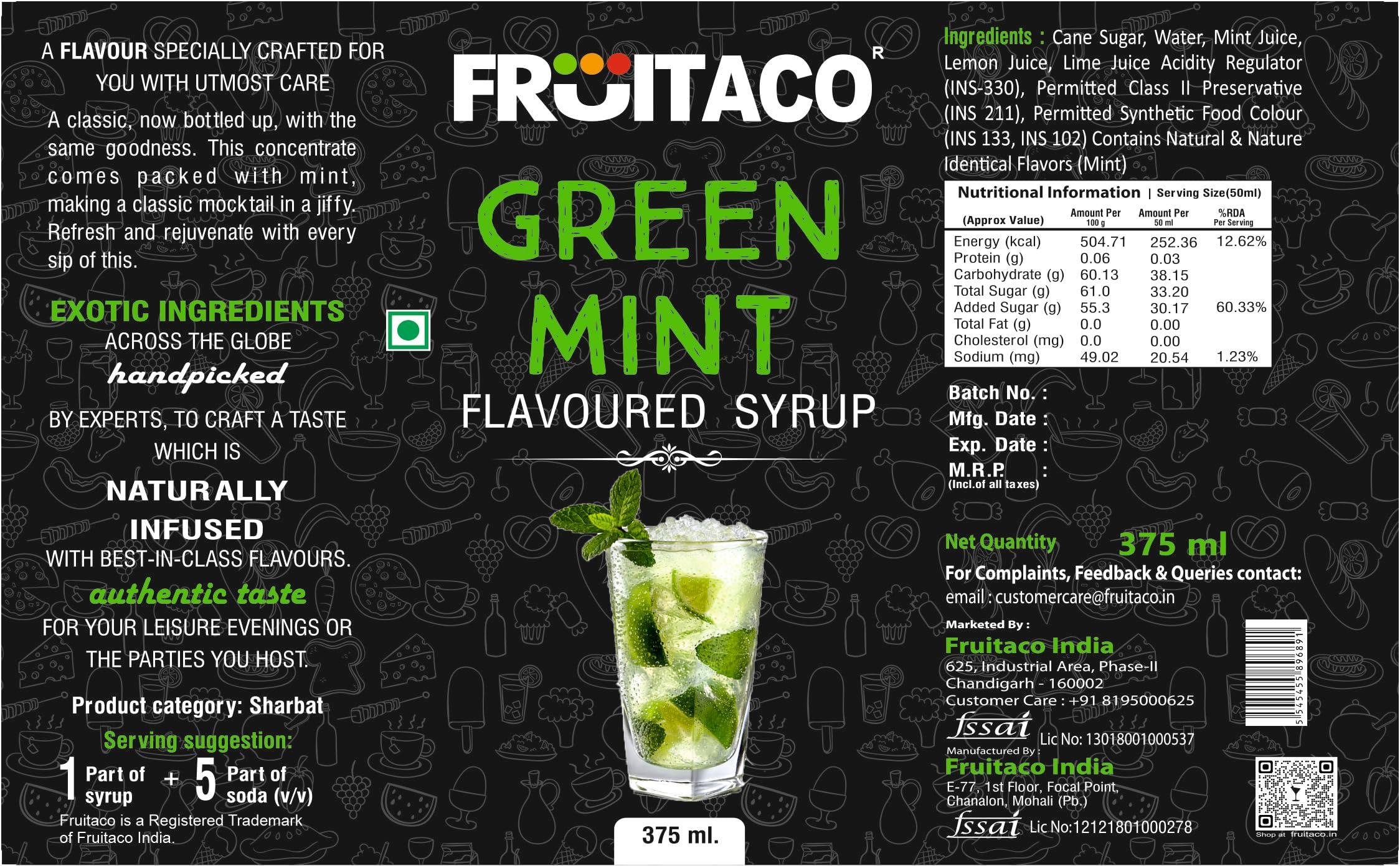 Fruitaco Fruitaco Blue Curacao Liquid Syrup Grenadine Green Mint Mojito Mint - Mocktail Syrup, Cocktail Mix, Cocktail Syrup Mojito Syrup Perfect For Mocktails&Cocktails,Mint Syrup Flavor Pack Of 4 (375 Ml)
