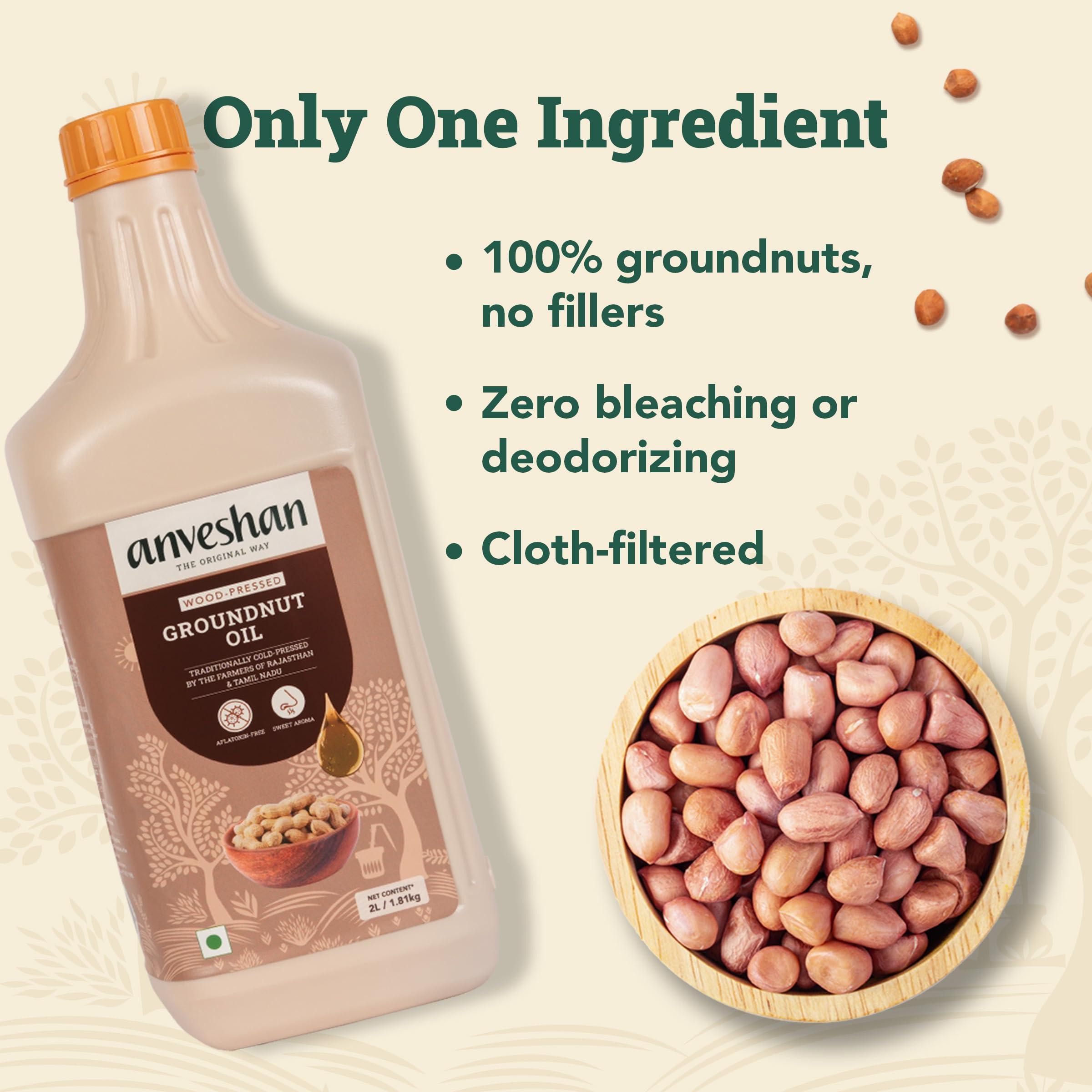 Anveshan Empowering farmers with technology Anveshan Wood Pressed Groundnut Peanuts Oil 2 Litre | Tin Can | Kolhu/Kacchi Ghani/Chekku | Peanut Oil | Natural | Chemical-Free | Cold Pressed Groundnut Oil for Cooking