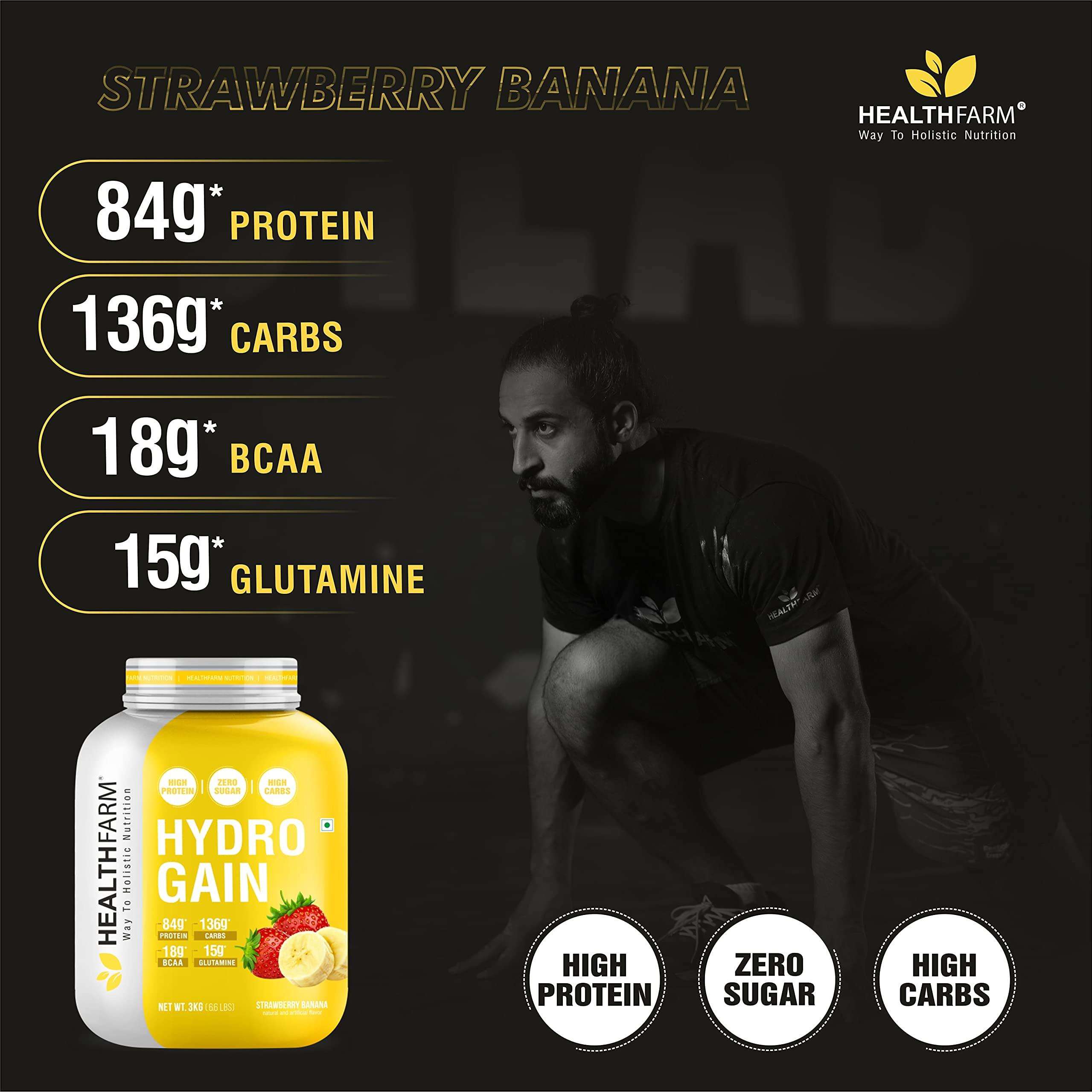 HEALTHFARM Healthfarm Hydro Gain Mass Gainer | For Muscle Gain | Weight Gain Protein Powder (Flavour-Strawberry Banana-3kg-6.6 lbs)