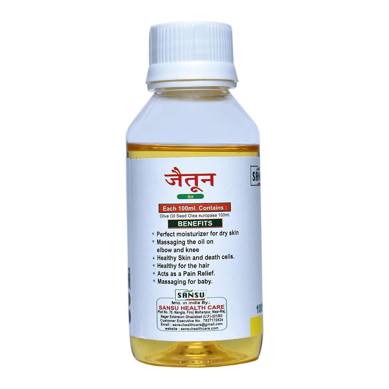 SANSU Sansu Olive Oil (Jaitun ka tel) For Hair, Skin, Massage, Pain Relife, Moisturizer Skin, Zaitoon Oil 100ml (Pack of 2)
