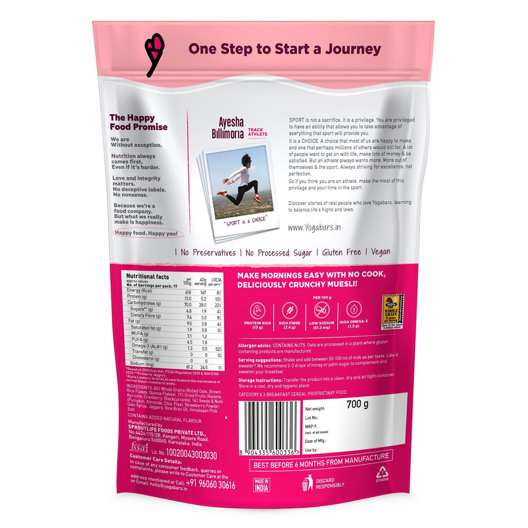 Yogabar Yogabar Muesli Fruit And Nuts - 93% Wholegrain Breakfast Cereals With Oats, Dry Fruits, And Nuts & Seeds, High In Omega 3, Gluten Free Granola With Chia And Flax Seeds (700G - Pack Of 2)