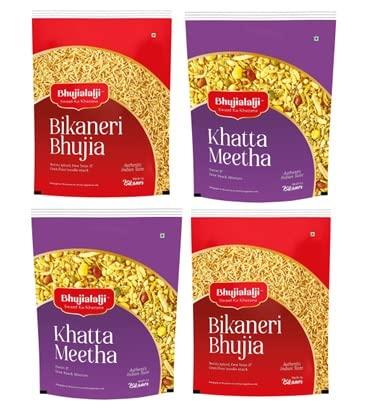 BHUJIALALJI Bhujialalji Khatta Meetha and Bikaneri Bhujia (pack of 4) 4kg | All time favourite indian snacks/Namkeen | Ready to eat | Crsipy & Light snacks.