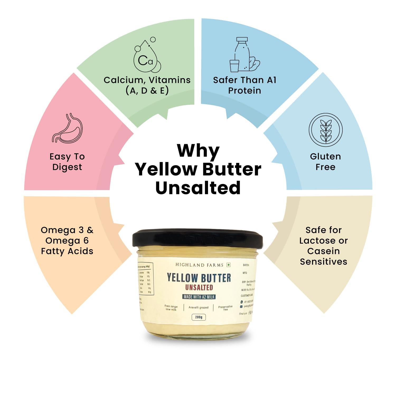 Courtyard farms private limited Highland Farms A2 Cow Milk Yellow Unsalted Butter |Traditional Method of Butter Making | Free Range Cow Milk | No Preservatives | 200gm