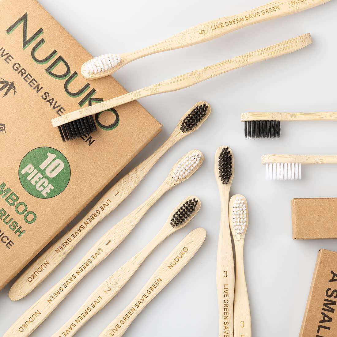 Nuduko Nuduko Adult Bamboo Manual Toothbrushes Soft Bristles, Biodegradable Eco-Friendly Toothbrush 10 Pack, Bpa Free Charcoal Bamboo Tooth Brush, Organic, Natural, Green And Compostable Tooth Brushes