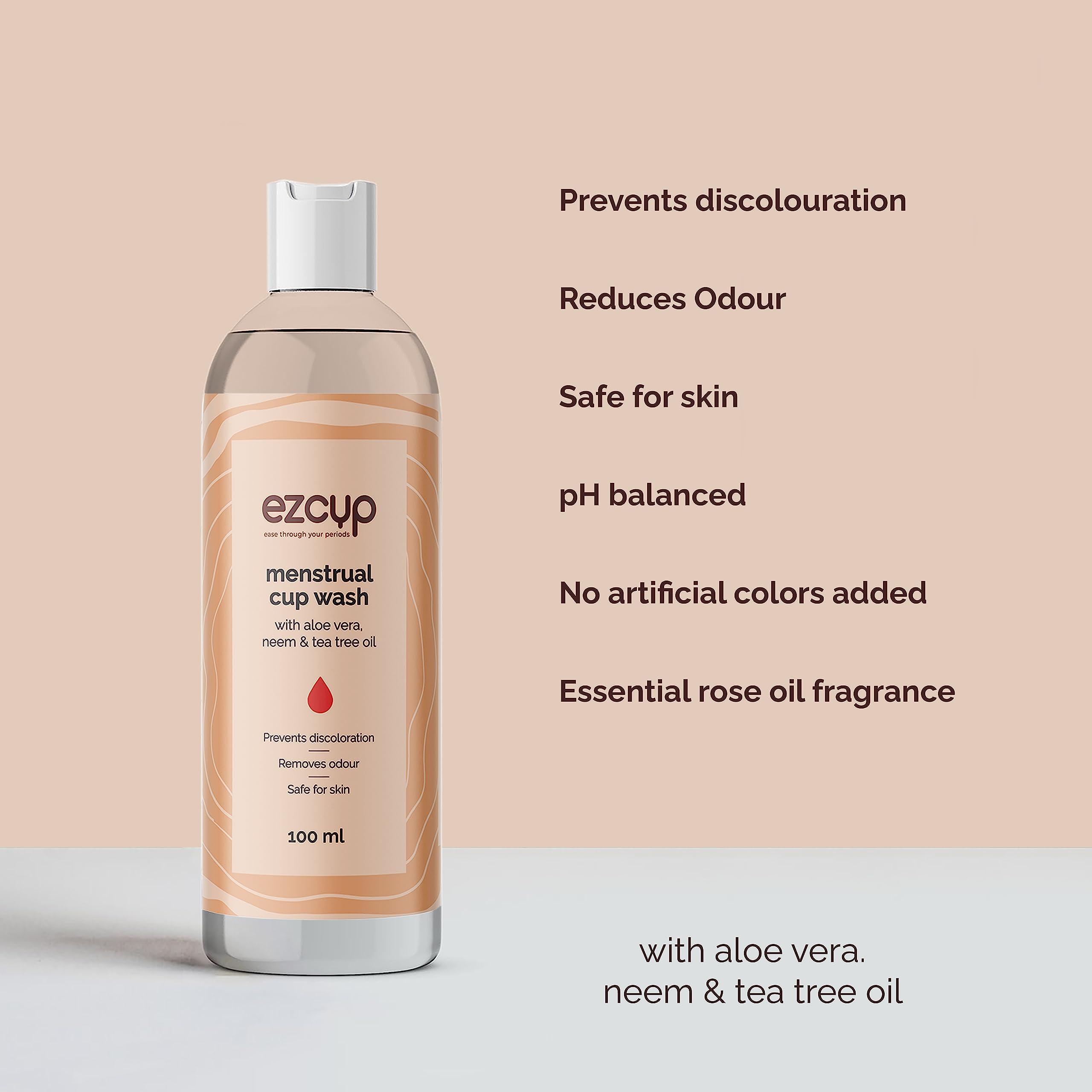 Ezcup Ezcup Reusable Menstrual Cup for Women with an easy-to-use Portable Sterilising Container,100% Medical Grade Silicone+Menstrual Cup Wash -100 ml with Aloe vera, Neem & Tea tree oil. (REGULAR+WASH)