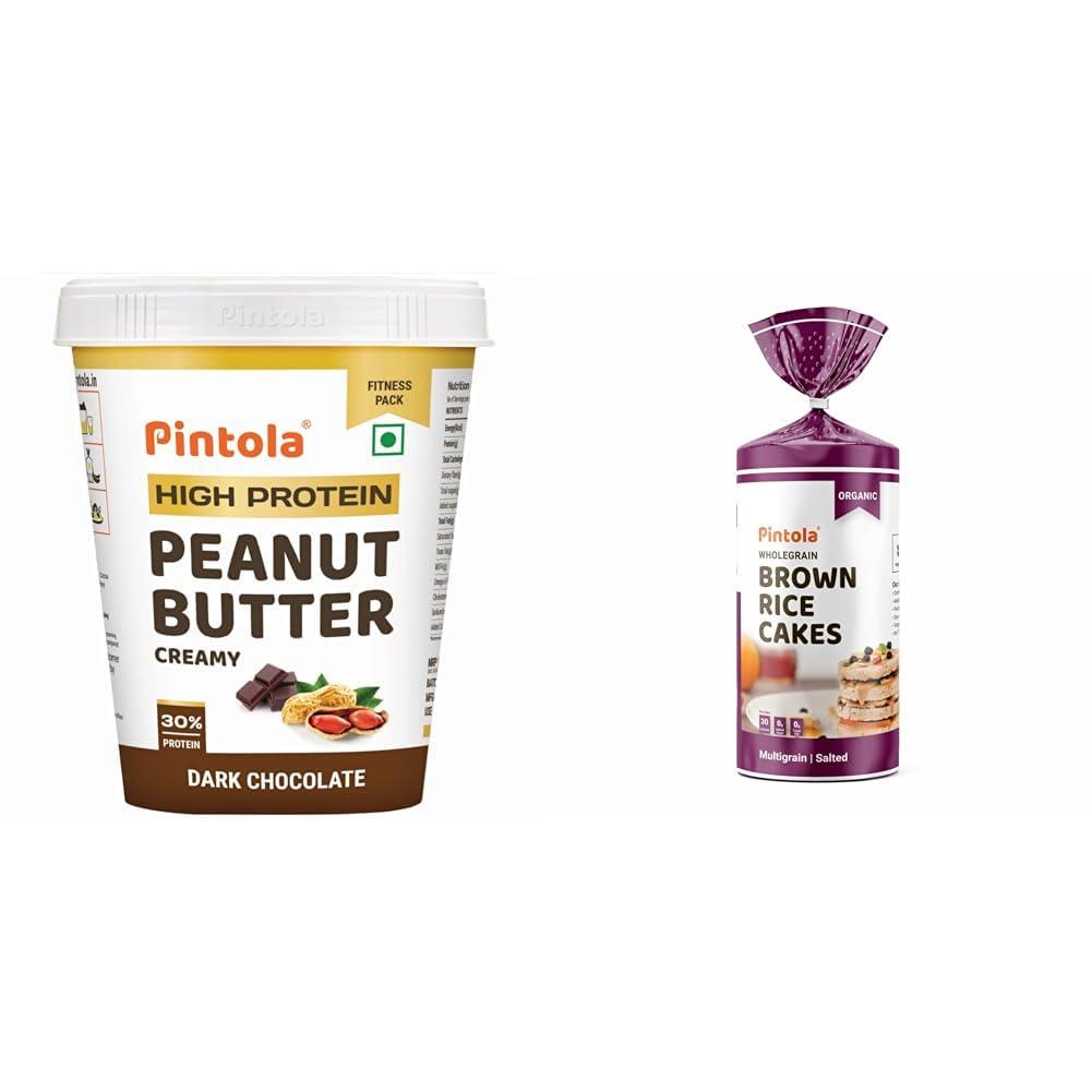 Pintola Pintola Combo - High Protein Dark Chocolate Peanut Butter Creamy 1Kg + Rice Cake Multigrain Salted 130g, 100% Roasted Peanuts butter Chocolate Flavour High Protein Nut Butter With Organic Rice Cakes