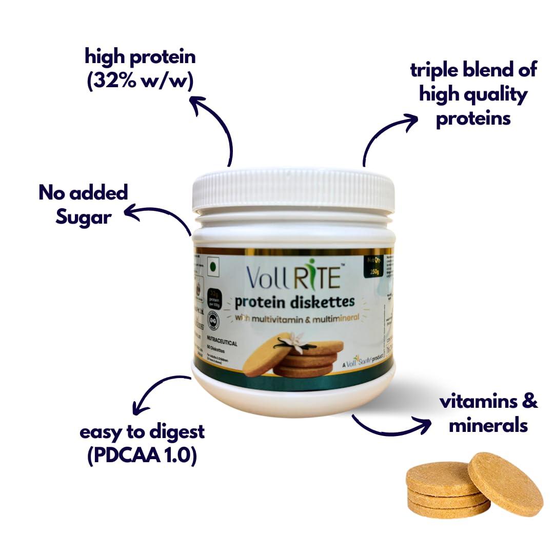 Voll Sant Voll RiTE Protein Diskettes | Protein Biscuit with multivitamin and multimineral| No Sugar| Cholesterol free| High Protein with B Vitamins | Vanilla Flavour, 250g