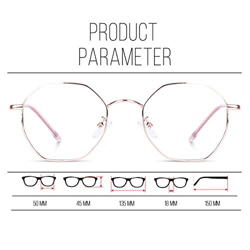 Poshh Eyewear Poshh Eyewear Hexagonal Shape Blue Cut Antiglare Zero Power Computer Eyeglasses For Men And Women | Blue Light Filtering Glasses For Computer And Mobile Use | 100% UV Protection (Rose Gold)