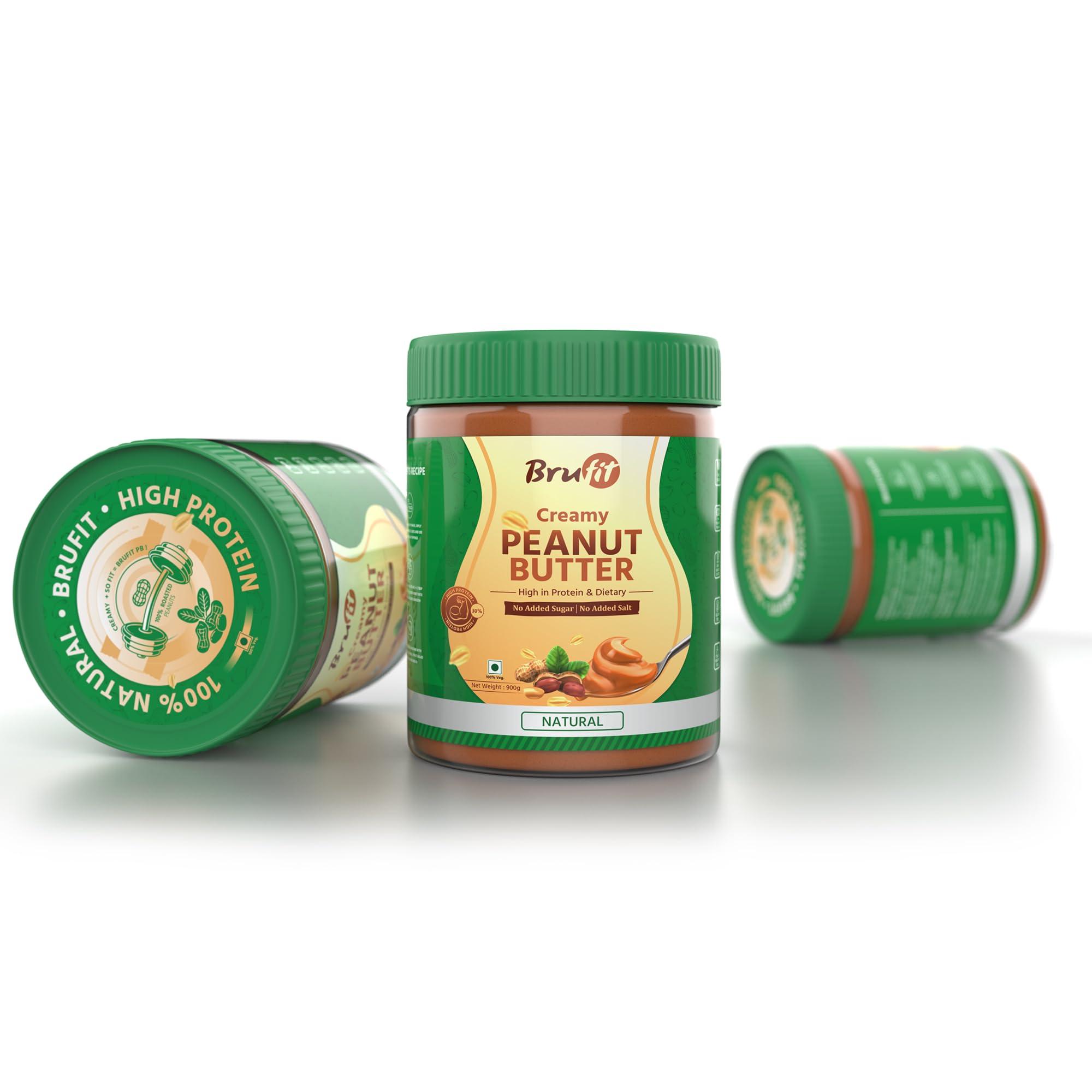Brufit BruFit Natural Peanut Butter | 30g Protein | Unsweetened Healthy Nut Butter Spread with NO added Sugar | No-Cholesterol & Gluten | Zero Tans Fat | Creamy Peanut Butter (420 g)