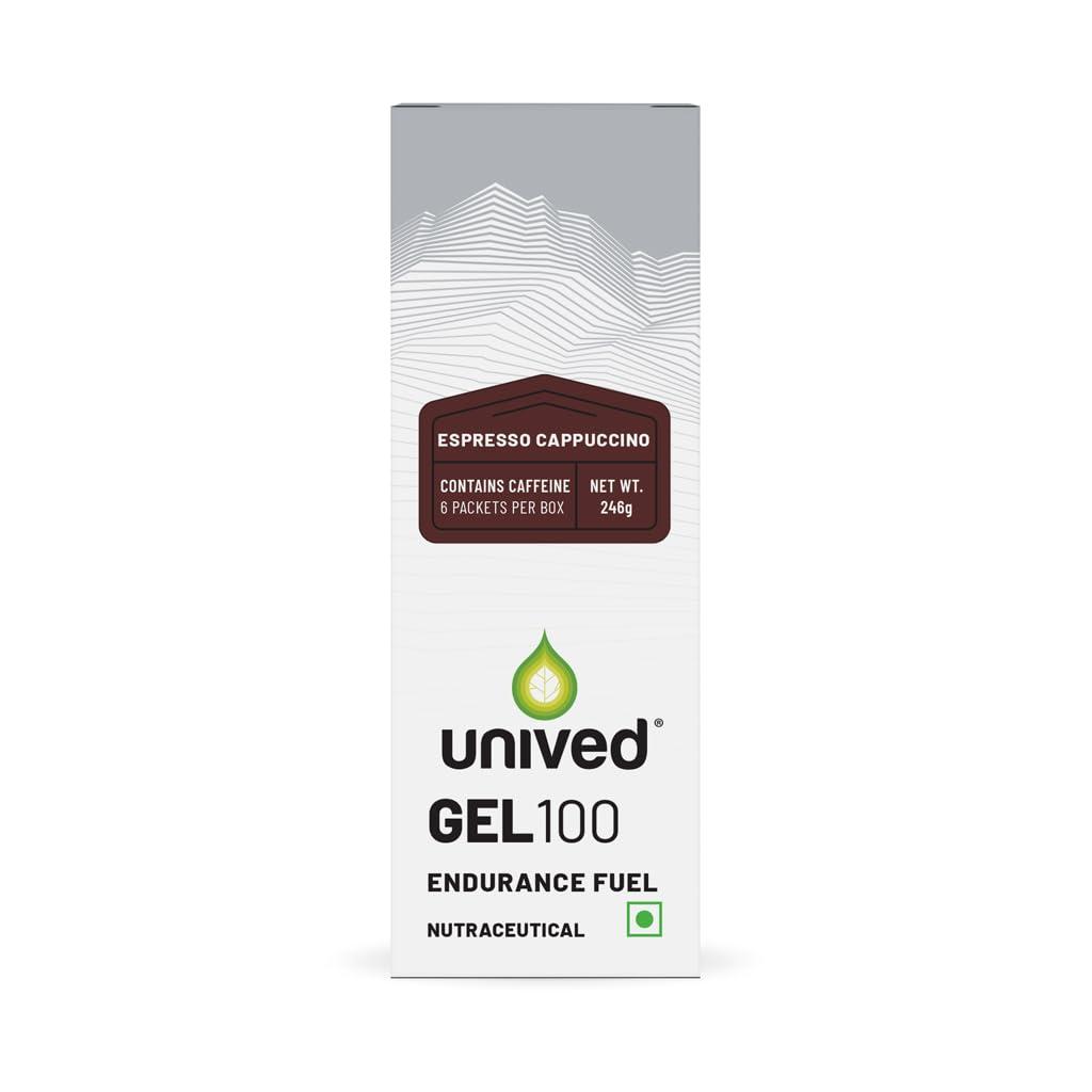 Unived Unived Gel 100 - Vegan Energy Gel for Endurance Athletes Runners & Cyclists - 100kcal - Espresso Cappuccino - 100mg Caffeine - Pack of 6