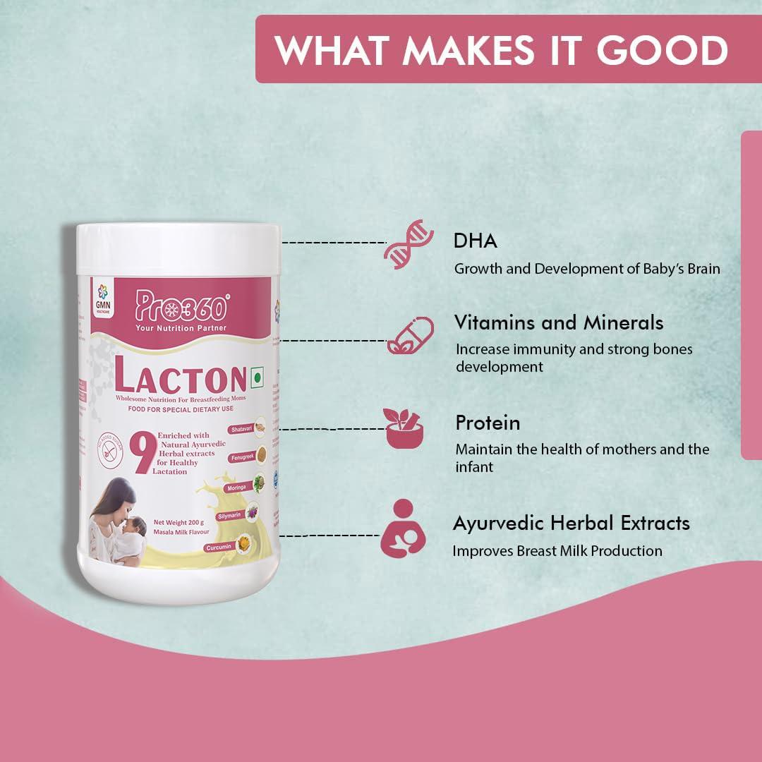 PRO360 Pro360 Lacton Protein Powder for Breastfeeding, Lactating Women - Lactation Supplement for Mother with Herbal Extracts - Helps to Increase Breast Milk - Masala Milk Flavor (Pack of 2) 200g x 2-400g