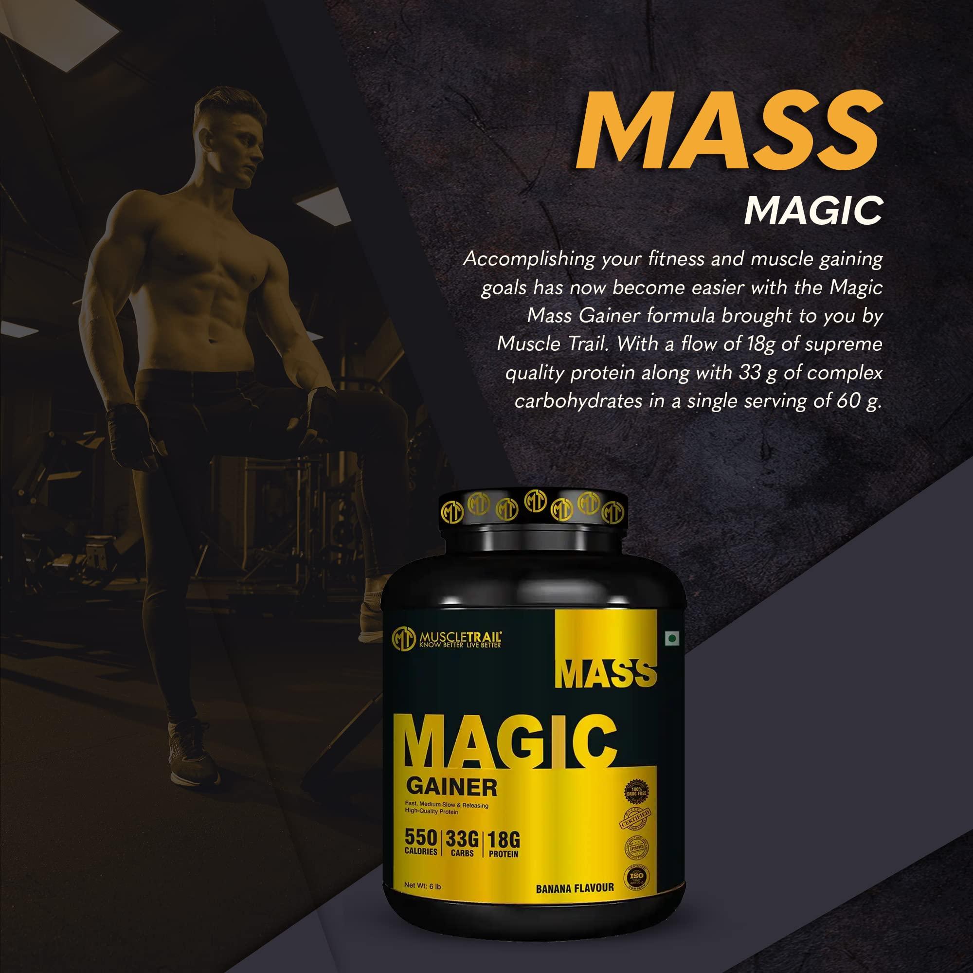 MUSCLETRAIL Muscle Trail Magic Mass Gainer Powder | 550 Calories | 33g Carbs |18g Protein | High in calories & Muscle Growth | 45 serving | 2.7 kg | (Vanilla Flavour)