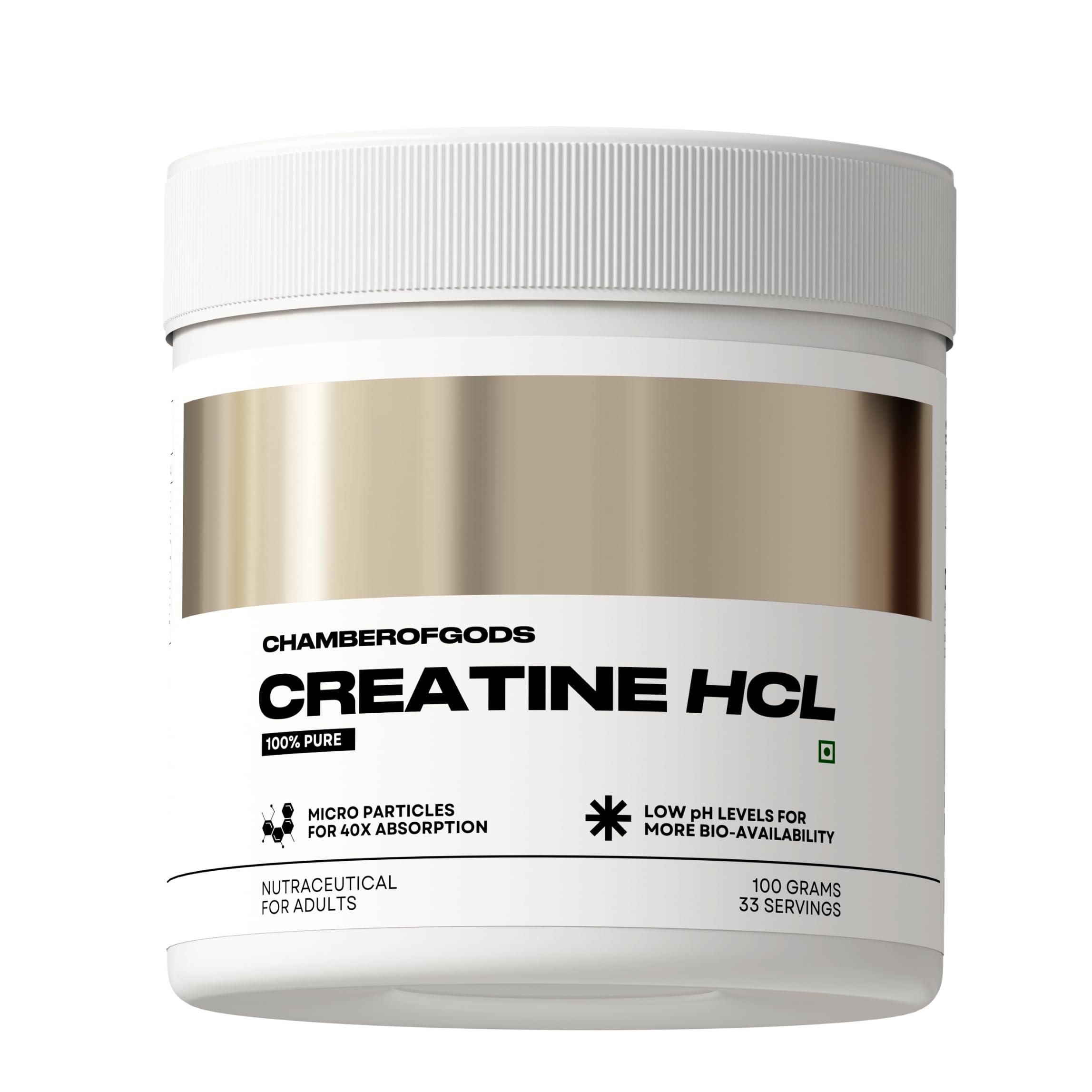 CHAMBEROFGODS Chamberofgods 100% Pure Creatine HCL Supplement | unflavoured 100gm | Improved Muscle Strength & Power | Better Absorption