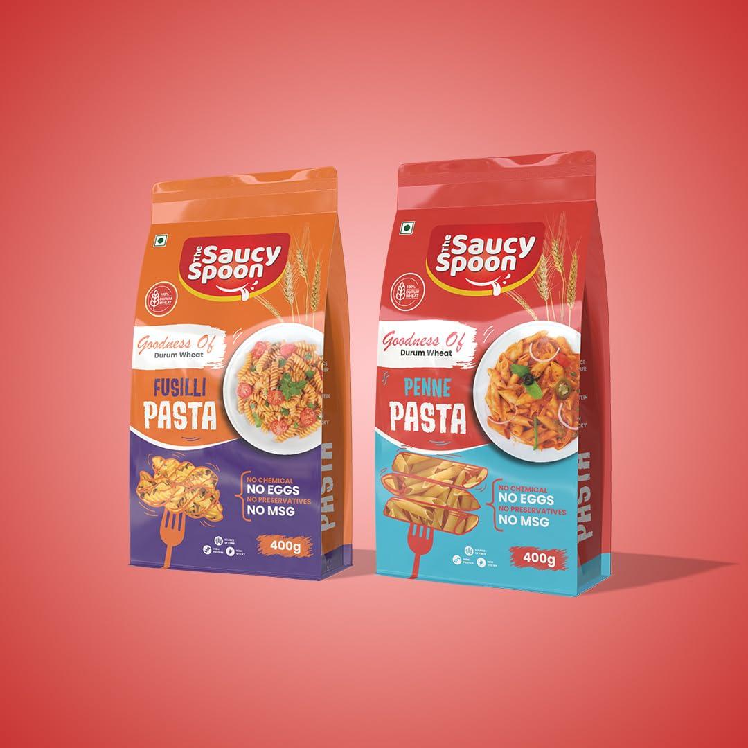 The Saucy Spoon The Saucy Spoon - Combo Penne & Fusilli Pasta | 100% Durum Wheat Low in Calories Healthy Cooked | No Chemical & Preservatives | Quality Ingredients High Protein & Fibre Vegan - 400g x 2