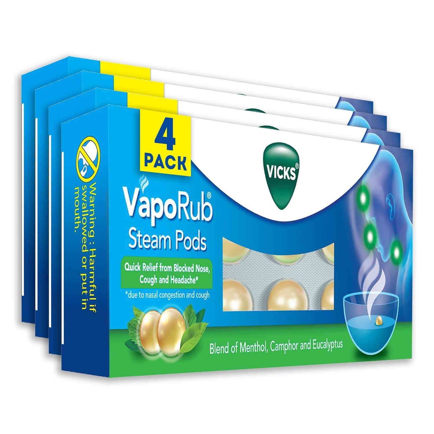 Vicks Vicks VapoRub SteamPods 10s, For Steam Inhalation, Quick relief from blocked nose, sinus congestion, headache, and cough due to cold. (Pack of 4)