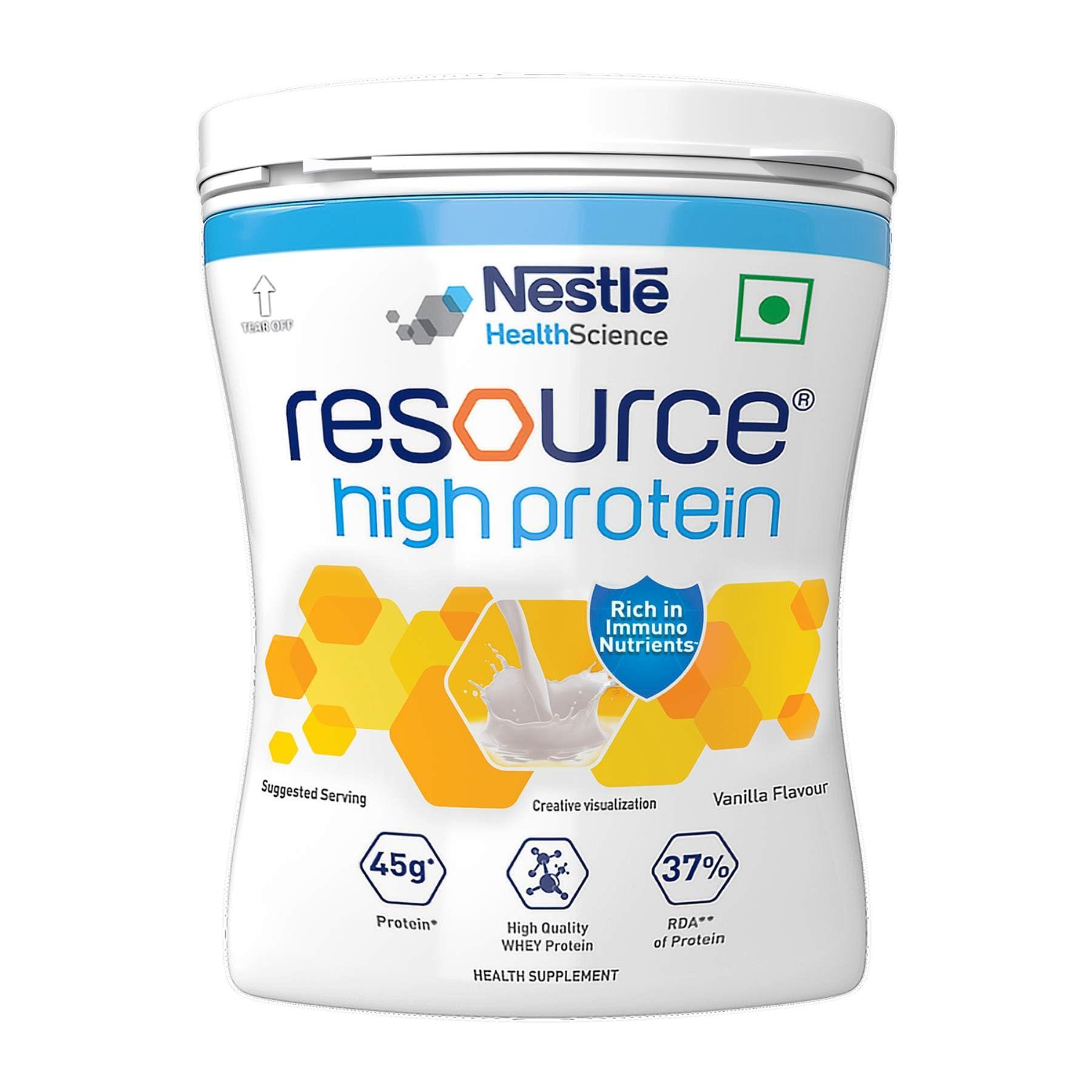 RESOURCE RESOURCE Nestle High Protein - Vanilla Flavour, Contains Whey Protein, 42G Protein Per 100G, Now Rich In Immunonutrients, Strengthens Muscles & Immune System - 400G Pet Jar Pack (Pack of 2)
