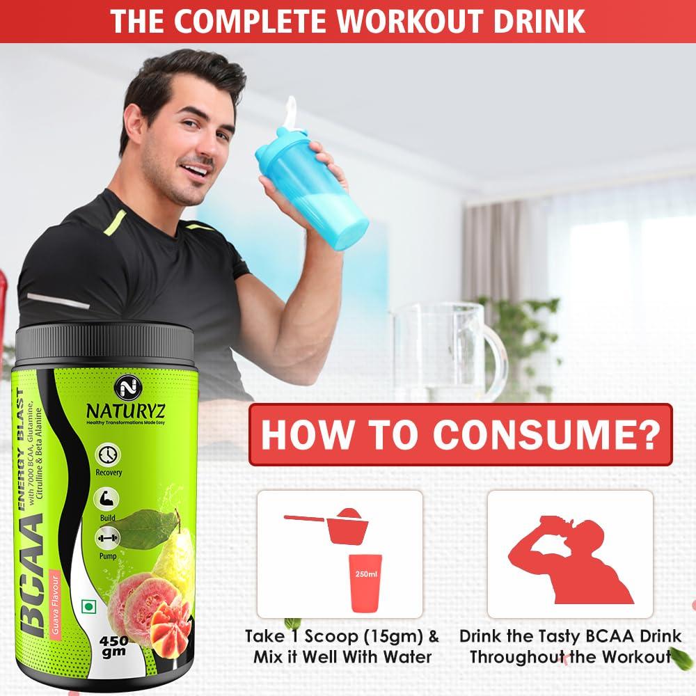 Naturyz NATURYZ BCAA Energy Blast Pre Intra Post Workout Supplement With 7000 BCAA | Glutamine | Citrulline | Beta-Alanine for Muscle Recovery | Power & Energy-450 Grams(Guava Flavor)