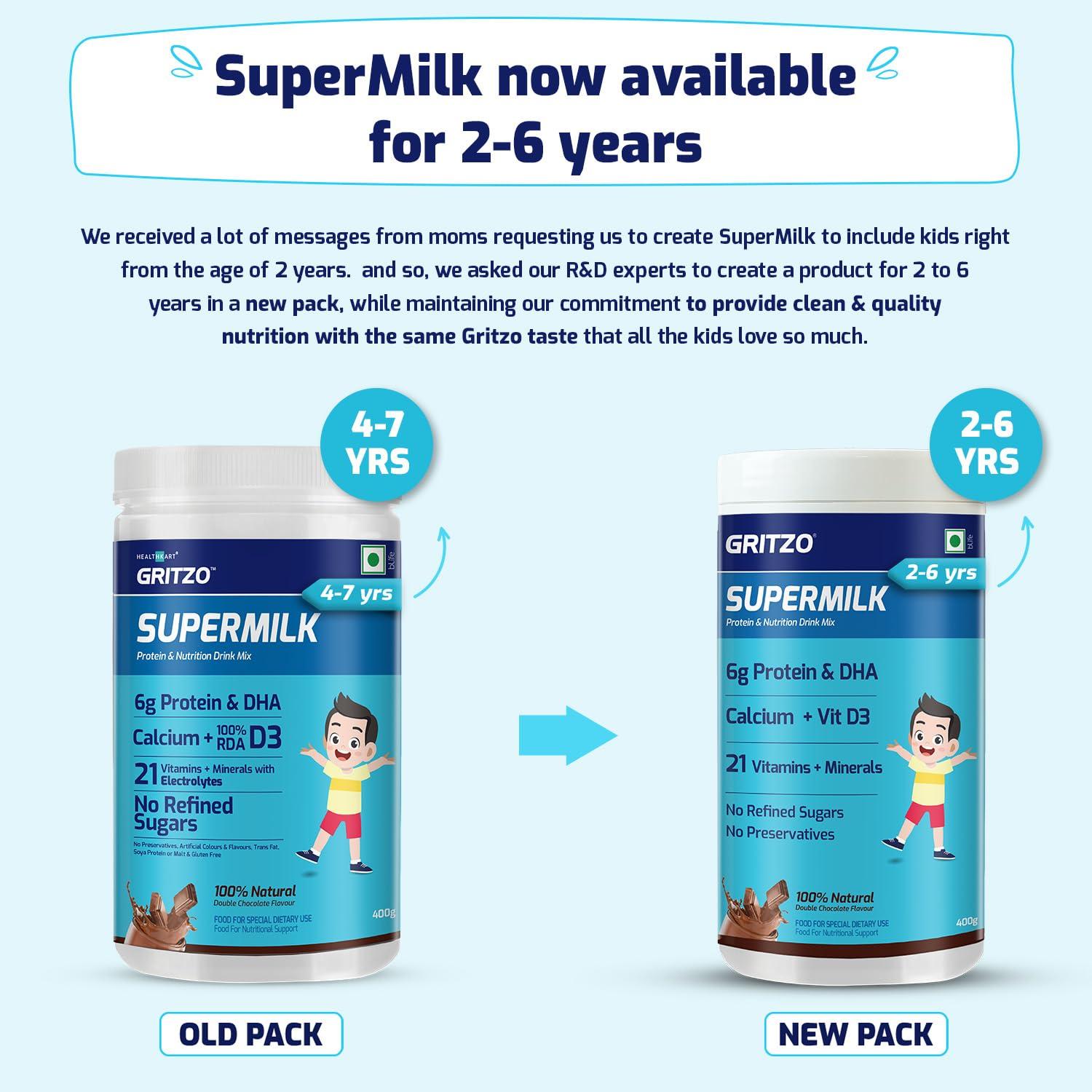 Gritzo Gritzo SuperMilk Overall Growth (2-6y), 6g Protein Powder (Double Chocolate, 400g) | Zero Refined Sugar, 21 Vitamins & Minerals