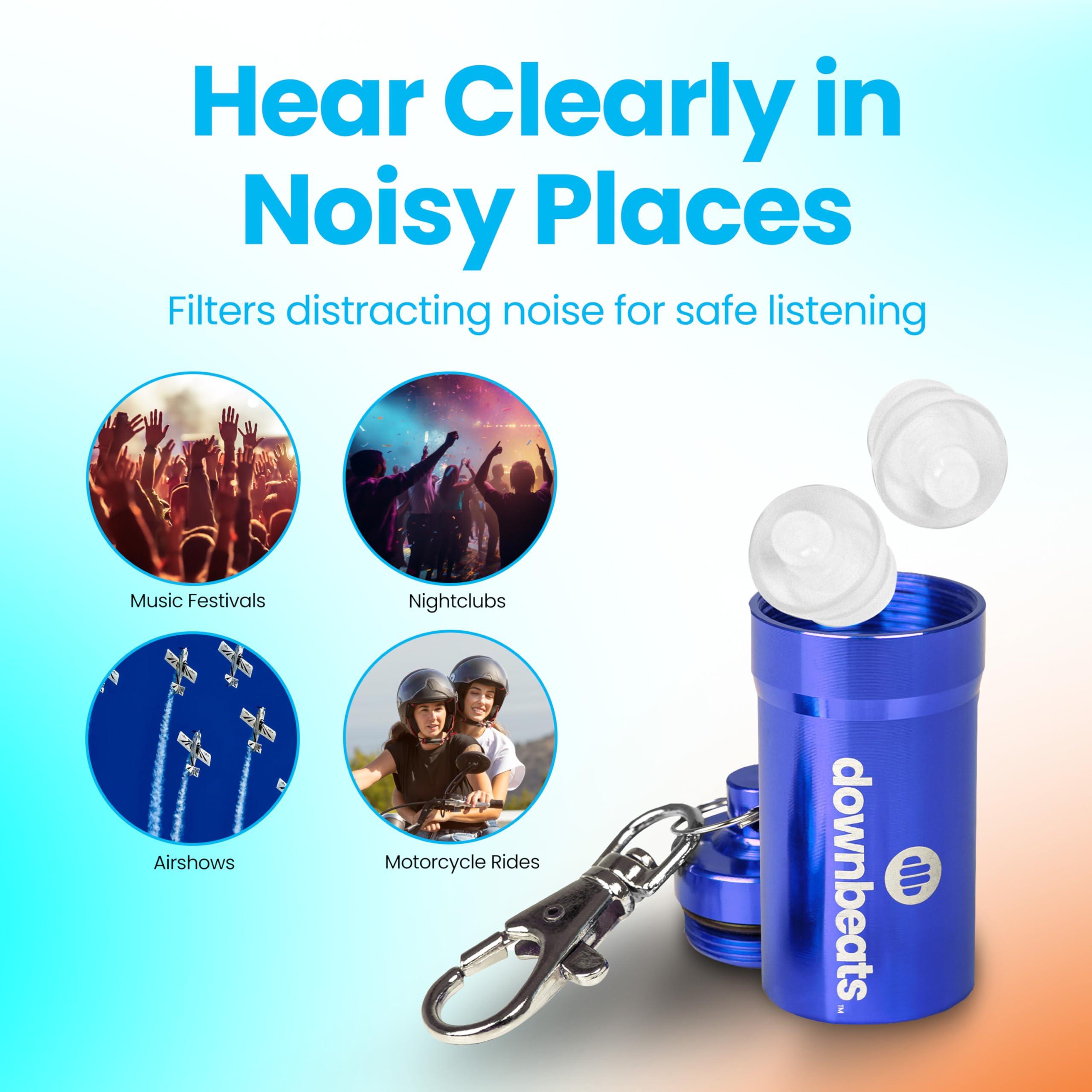 DownBeats DownBeats Reusable High Fidelity Hearing Protection: Ear Plugs for Concerts, Music, and Musicians (Clear Ear Plugs, Blue Case)
