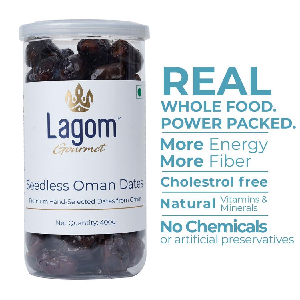 Lagom Lagom Gourmet Seedless Omani Dates 400g | All Natural | No Preservatives | No Added Sugar | Gluten Free | Vegan | Plant Based | Non GMO | Dates Dry Fruits | Khajur | Khajoor | Khejur