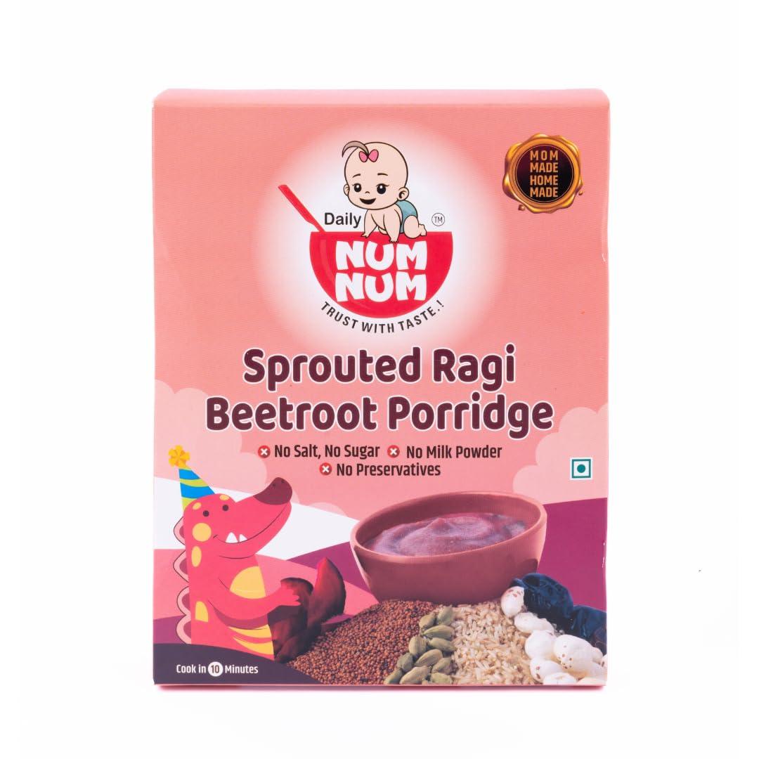 Daily NUM NUM Daily NUM NUM Organic Sprouted Ragi Beetroot Porridge | No Salt, No Sugar Ragi Cereals | Sprouted Healthy Beetroot Baby food cereal | No Milk Powder | 200g pack