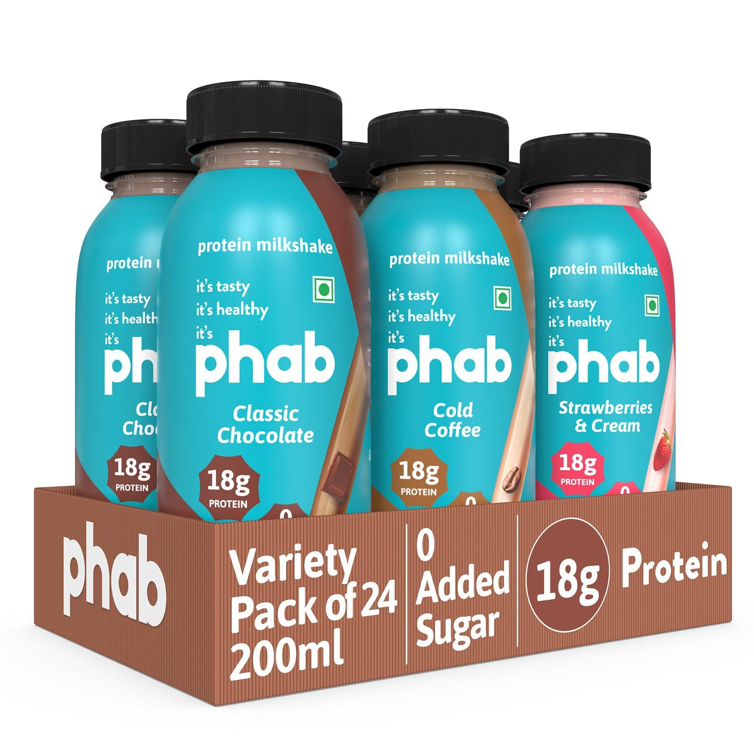 Phab Phab Assorted Protein Milkshakes (200ml, Pack of 24) with 18g Protein & No Added Sugar | Gluten-Free & Gut-Friendly, Trans Fat Free | Rich Source of Fibre & Pre-biotics | Healthy & Delicious Protein Shake