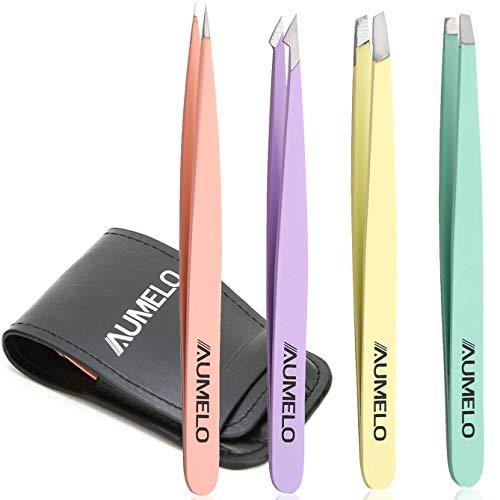 AUMELO AUMELO Tweezers Professional Stainless Steel with Leather Travel Case Best Precision Eyebrow and Splinter Ingrown Hair Removal Tweezer Tip (Multicolor) -Set 4 Piece
