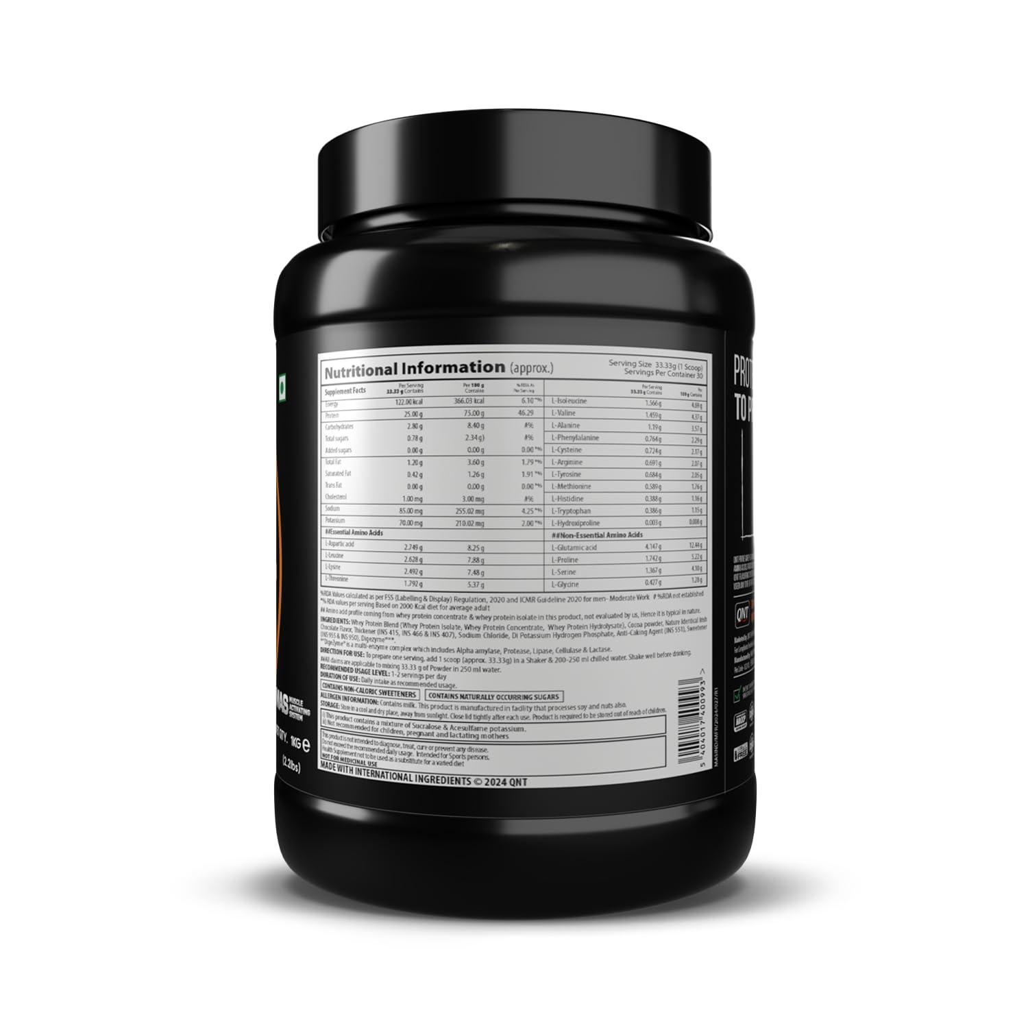 QNT QNT Prime Whey Protein Powder | Irish Chocolate, 1 Kg | Triple Blend of Whey Isolate, Concentrate & Hydrolysate | 25g Protein, 5.6g BCAA per Scoop | Best Whey Protein Powder for Men & Women