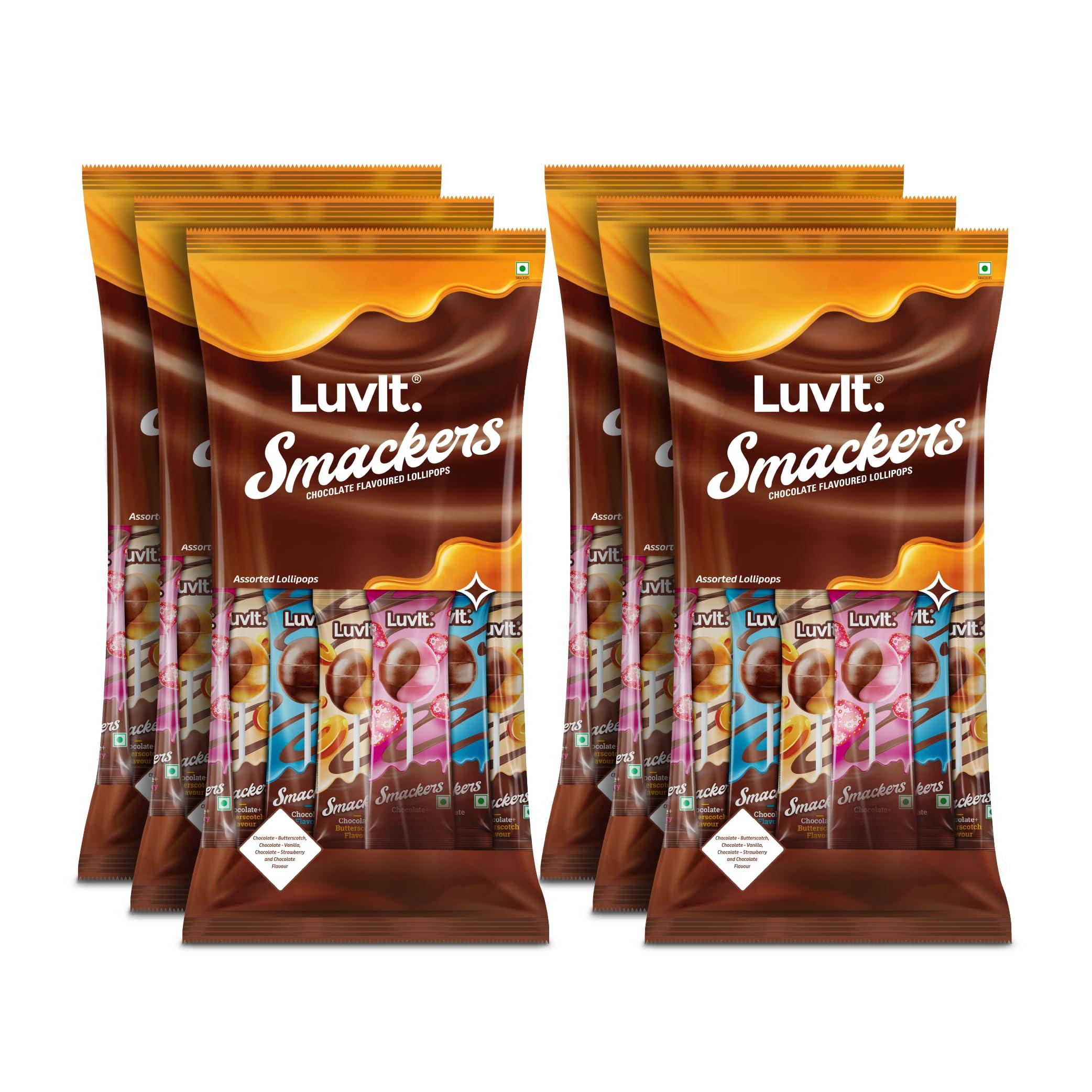 LuvIt LuvIt. Smackers Chocolate Flavoured Lollipops (Chocolate Butterscotch, Chocolate Vanilla, Chocolate Strawberry & Chocolate) | Pack Of 6- 480 Gm Each