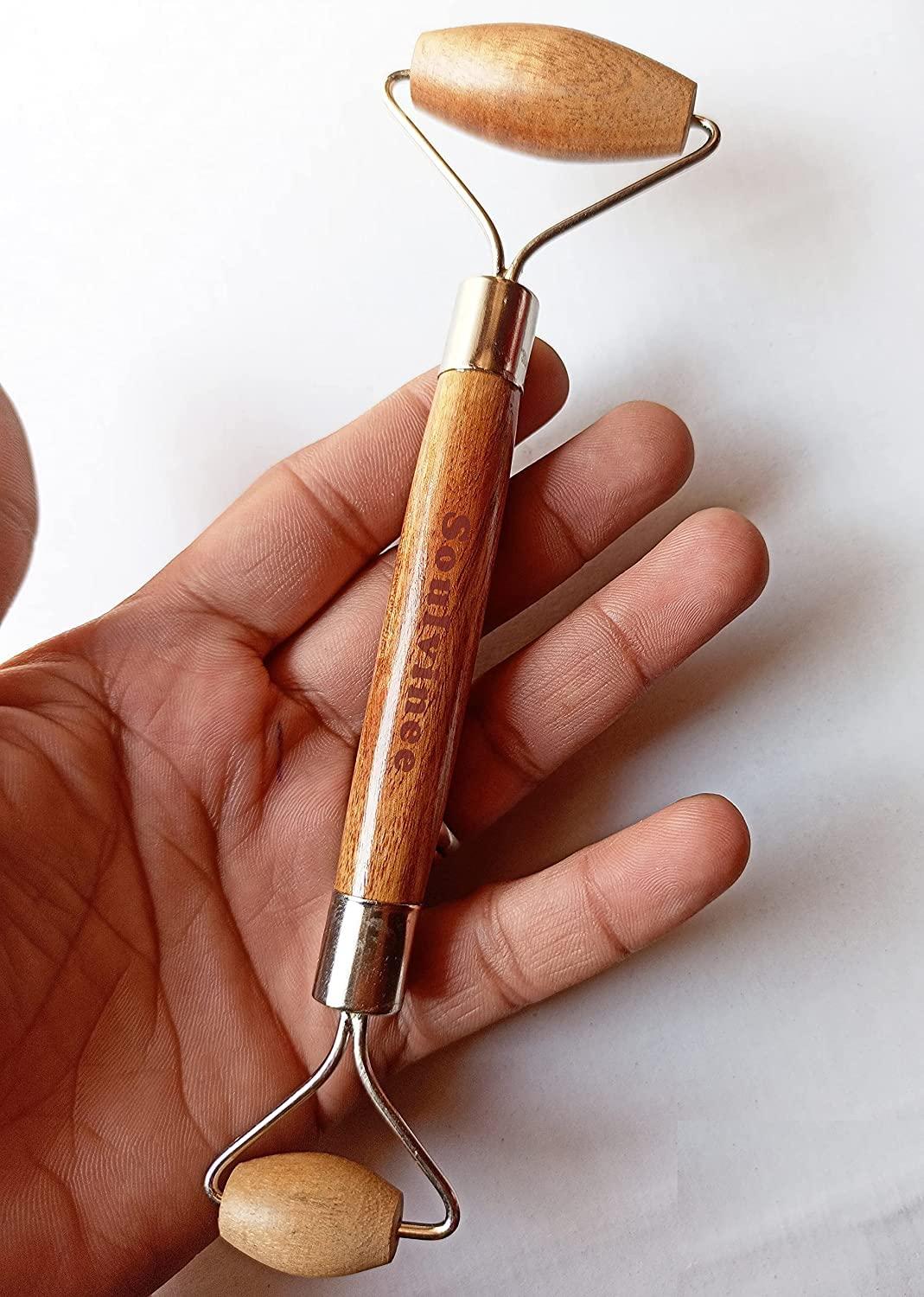 soulvinee Soulvinee Natural Neem Wooden Face Massage Rollers Facial Spa Massage Gua Sha Tool Double Head wooden Roller With KumKumadi Oil