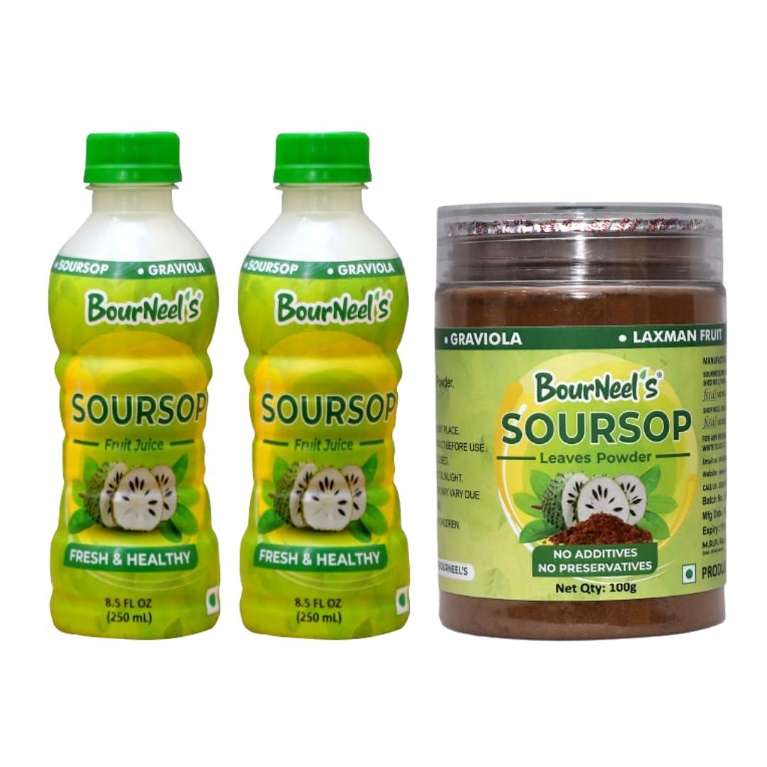 BourNeel's BourNeel\'s Soursop Pack of 2 (2 Soursop Fruit Juice 250ml + 1 Soursop Leaves & Stems Powder 100gm) | Immunity & Energy Booster | Fresh Organic Natural & Real Healthy Graviola Laxman Phal Pulpy Juice Drink |Soursop Kadha Tea | High Vitamin C |