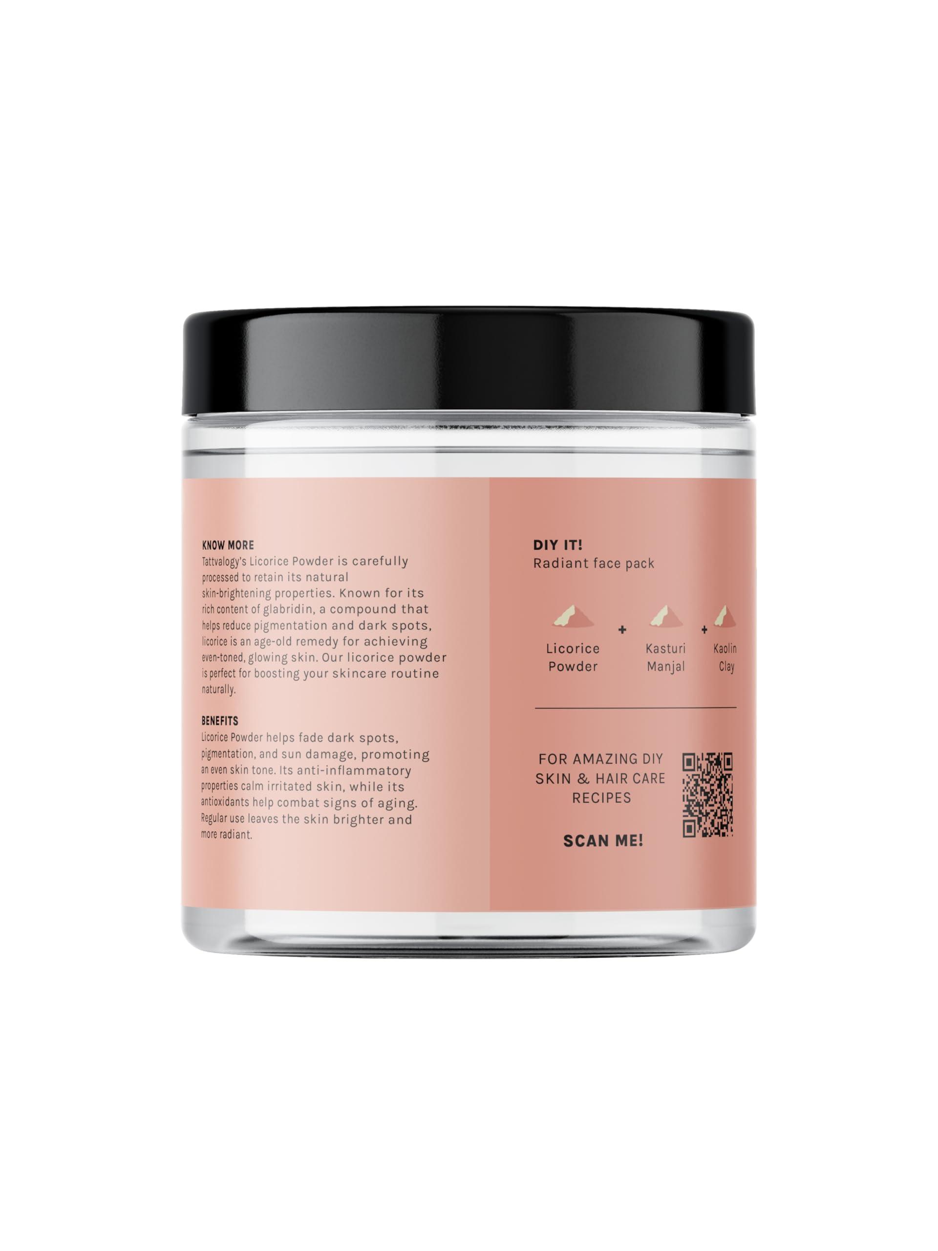 Tattvalogy Tattvalogy Licorice Root Powder | Mulethi Powder | Yashtimadhu | Glycyrrhiza glabra | 100% Pure & Natural | Facial Mask | For Hair and Skin Care | Defence From Acne & Pimples | In Glass Jar - 100 GM