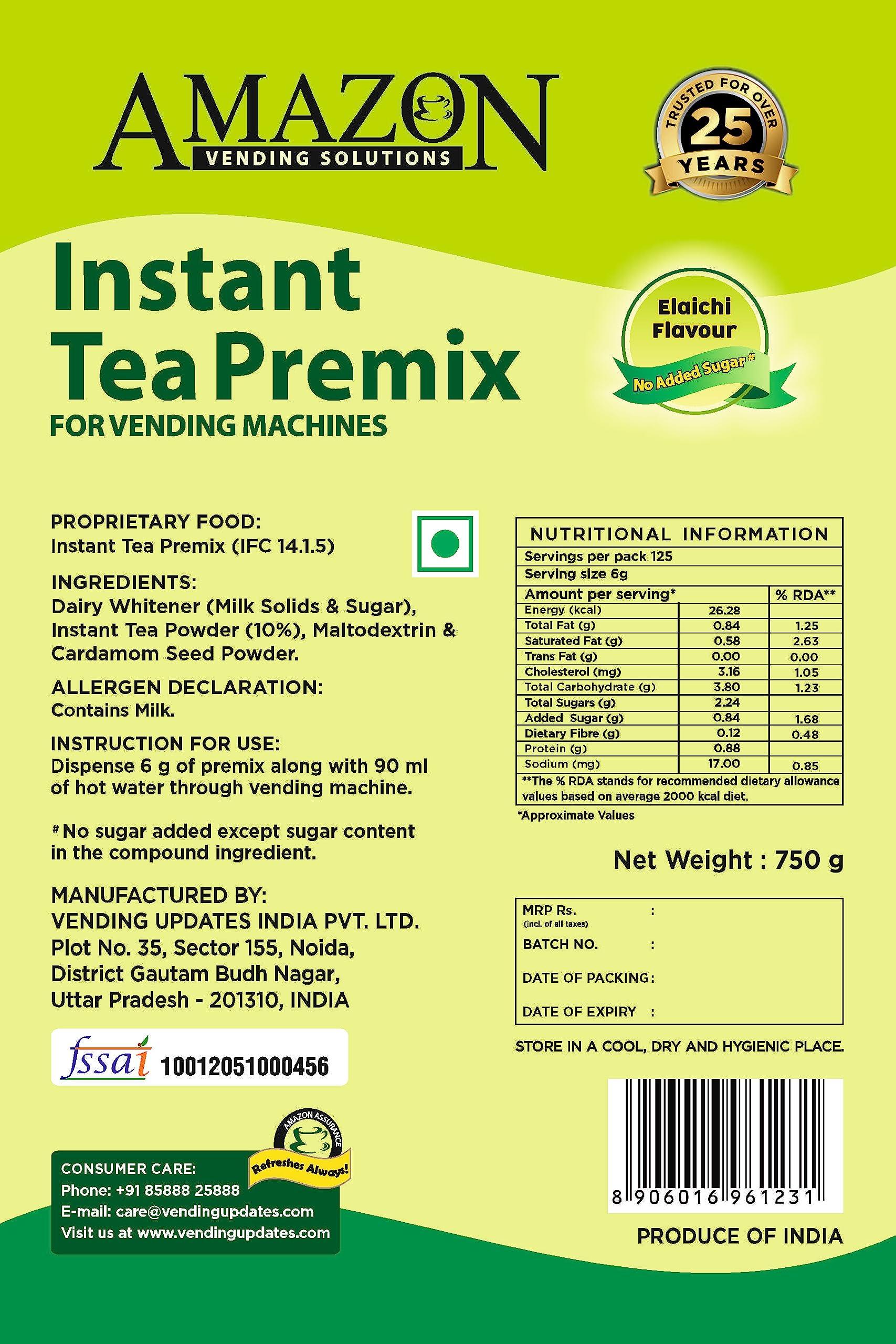 AMAZON AMAZON 3 In 1 Instant Cardamom Chai Tea Premix Powder No Added Sugar Pack Of 1 For Vending Machine Manual Use, Bag,750 Grams