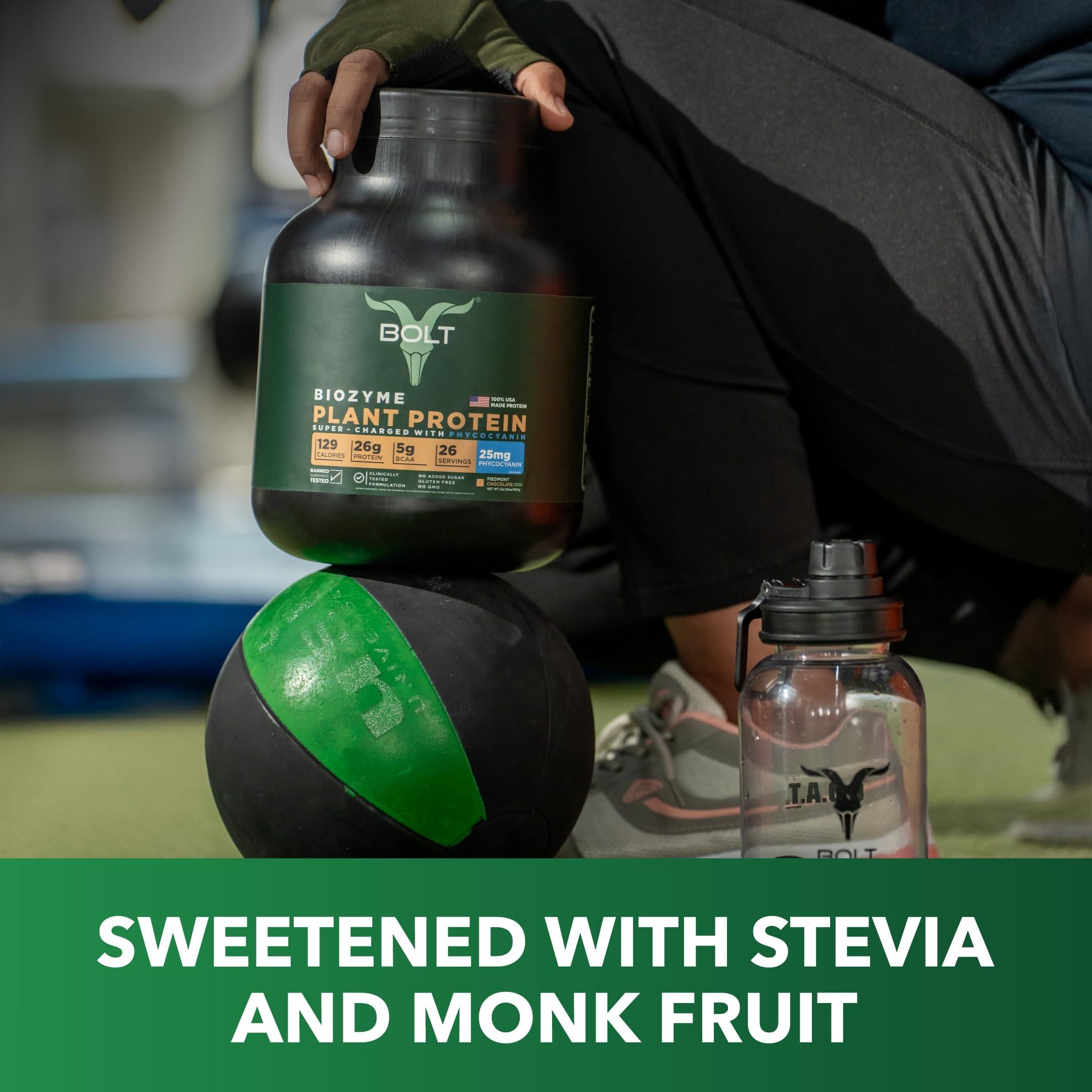 Bolt Bolt Biozyme Plant Protein | Vegan Protein with Superfood PHYCOCYANIN and Ayurvedic Herbs | Complete Amino Acid Profile for muscle Support and Recovery | 2Lb/32oz, 26 Servings | Piedmont Chocolate