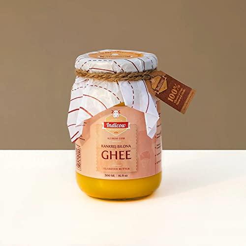 Indicow Indicow Foods Vedic Bilona A2 Cow Ghee | (Kankrej Cow A2 Vedic Bilona Ghee 500 ML) | Grass Fed, Hand Churned, 100% Pure and Preservative Free