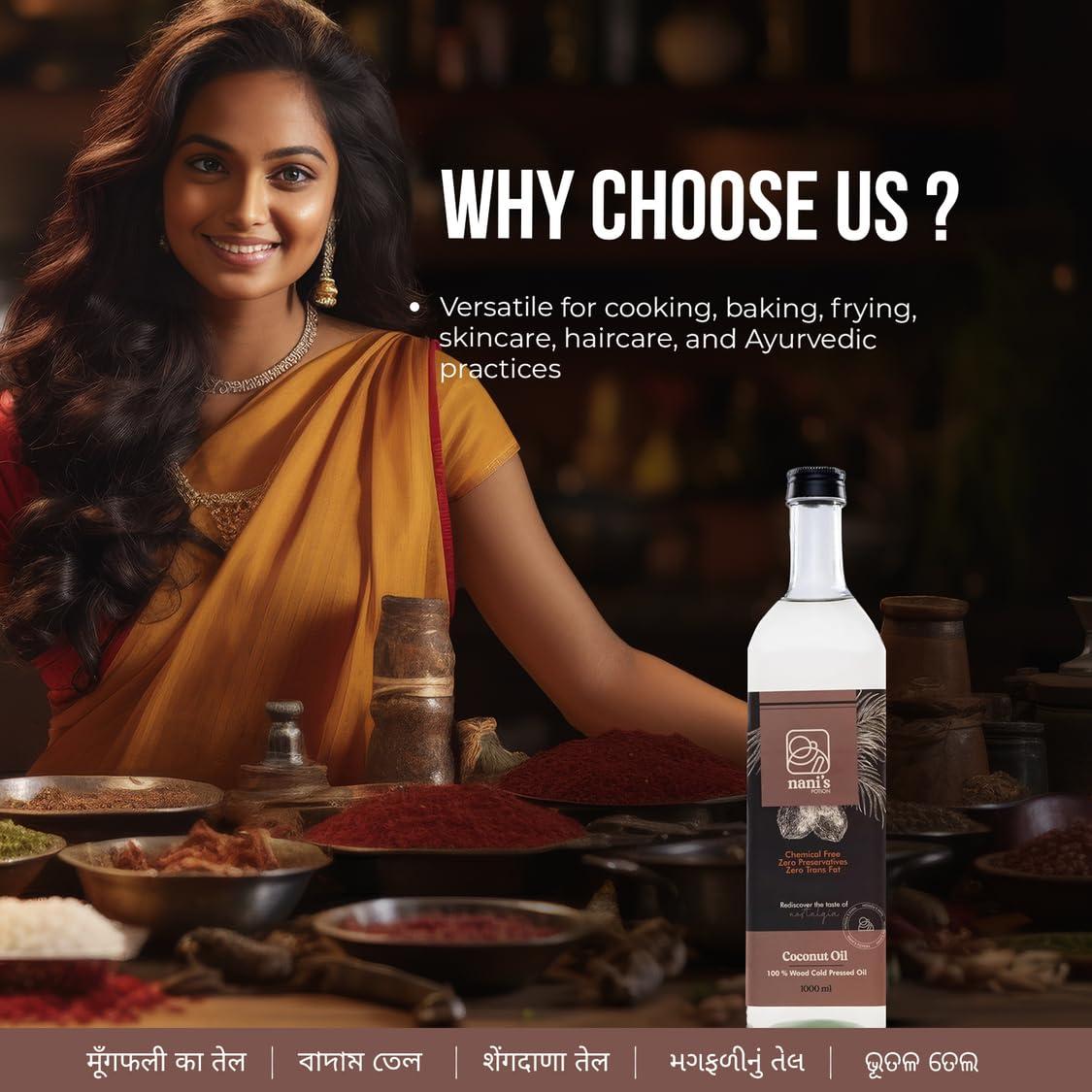 Nani\'s Potion Nani\'s Potion Wood Pressed Coconut Oil Glass Bottle Natural, For Cooking, Chemical-Free, Cold Pressed Coconut Oil For Cooking, Kachi Ghani Oil, Daily Cooking, Naturally Cholesterol Free, 1000 Ml