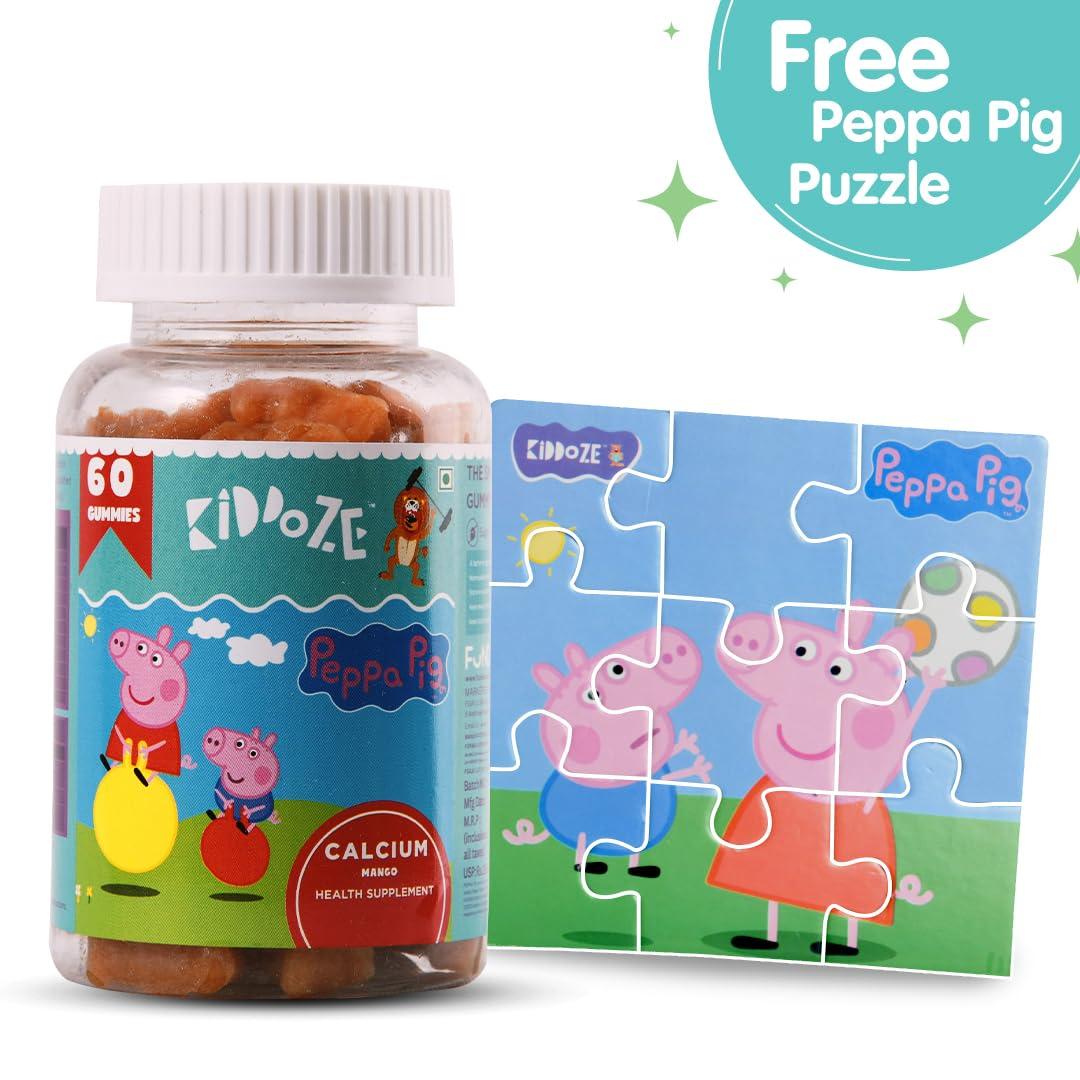 KIDDOZE KIDDOZE Calcium Gummies With Free Peppa Pig Toys For Kids Between 3 To 16 Years Of Age, Promotes Bone, Muscle & Teeth Strength (All Natural Mango Flavour) - 60 Gummies (Free Surprise Gift Inside)