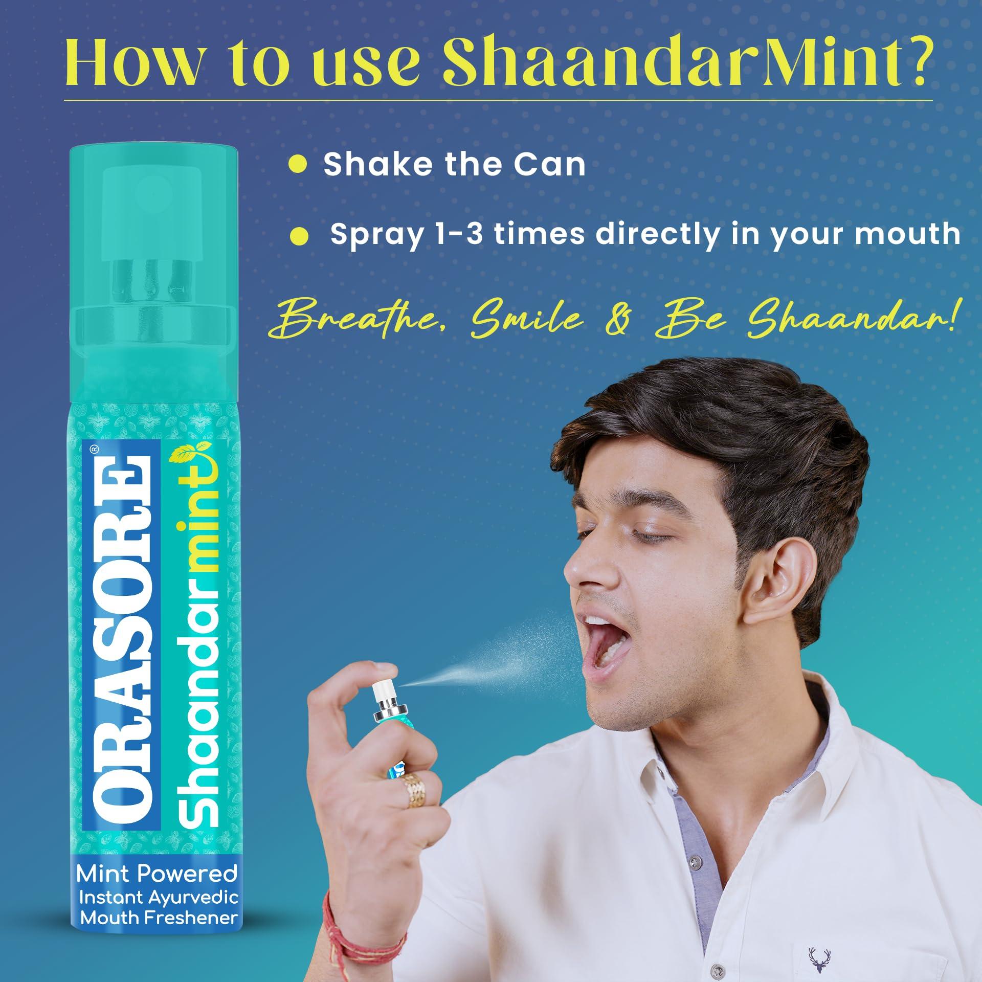 ORASORE Shaandar Mint Instant Mouth Freshener Spray by Orasore | Pudina, Aloe Vera, Peppermint, Cinnamon, Clove & Elaichi | Amazing Cool Breath Freshening with Zero Calories & Anti Bacterial Protection | 15g Pack
