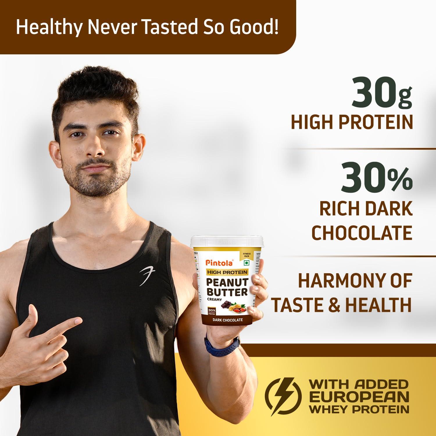Pintola Pintola HIGH Protein DARK Chocolate Peanut Butter (Crispy, 1kg) 30g Protein, Whey Protein, High Fiber, Crispy, Gluten Free, Zero Trans Fat & Unsalted Chocolate flavour Nutbutter, Premium Roasted Nuts