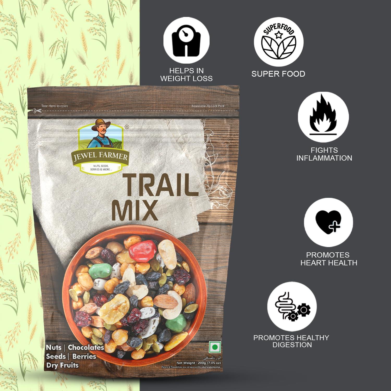 JEWEL FARMER JEWEL FARMER Trail Mix with Chocostones, Almonds, Cashewnuts, Cranberries, Chickpeas, Pumpkin Seeds, Black Raisins, Broad Beans, Sugar, Sunflower Oil & Edible Salt (200g)