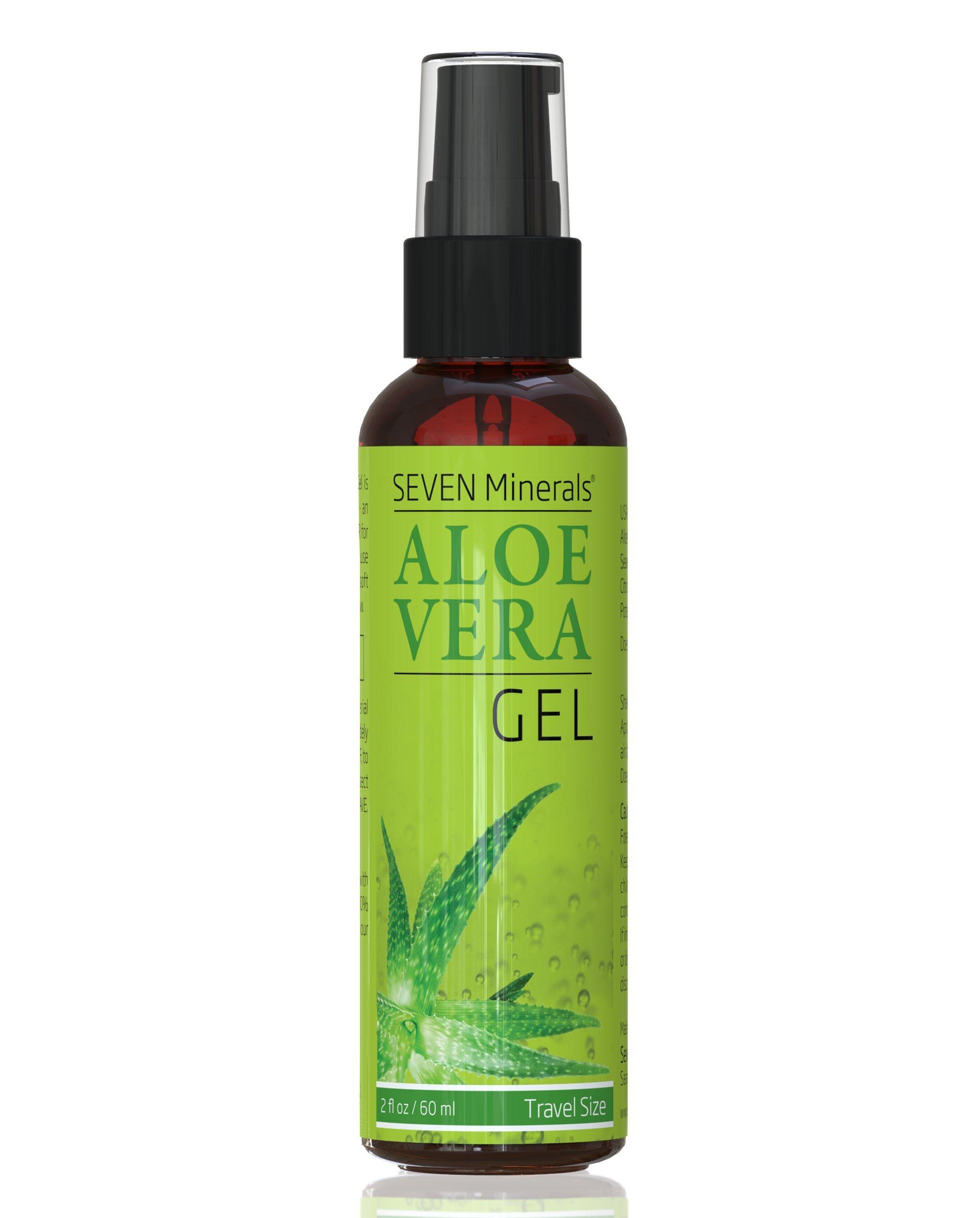 Seven Minerals Travel Size Organic Aloe Vera Gel with 100% Pure Aloe From Freshly Cut Aloe Plant, Not Powder - No Xanthan, So It Absorbs Rapidly With No Sticky Residue (2 fl oz)