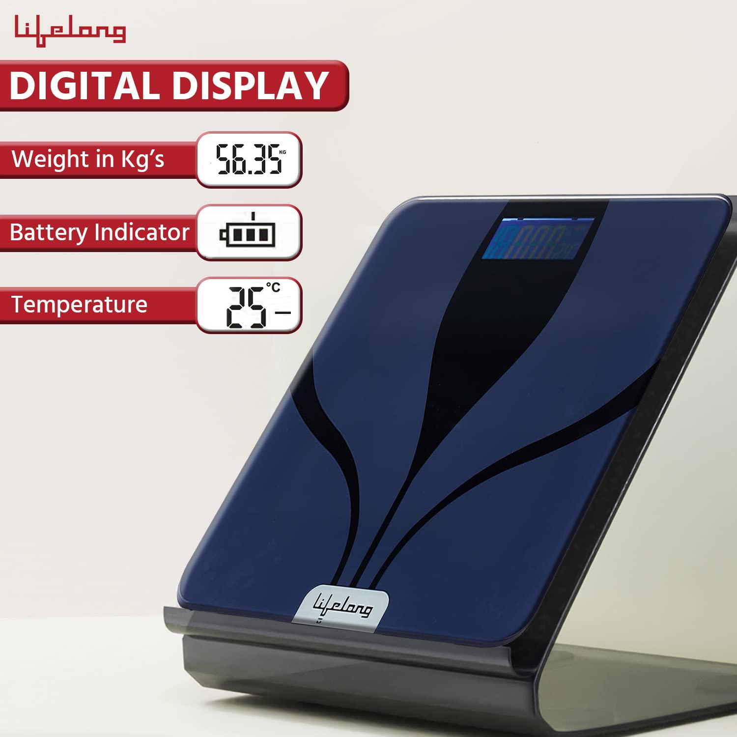 Lifelong Lifelong LLWS27 Digital Weighing Scale|Glass Weighing Scale Machine|Electronic Bathroom Scales & Weight Machine for Home & Human Balance Battery included (Blue)