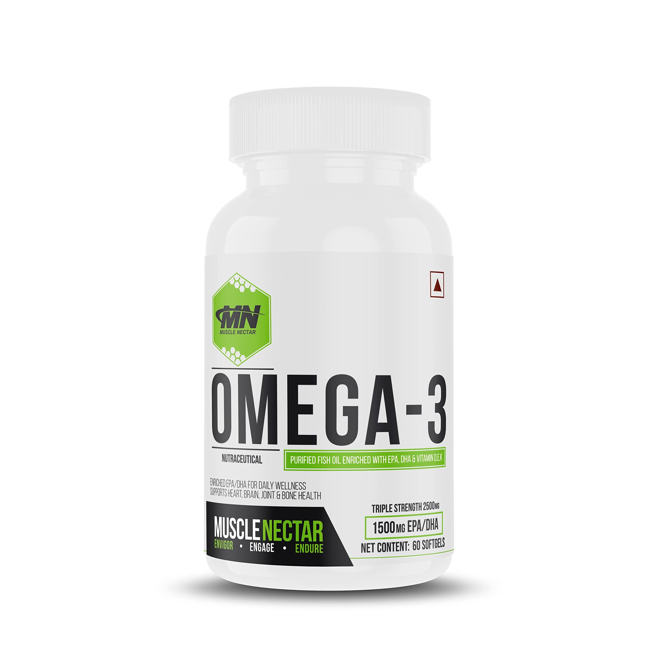 Muscle Nectar Muscle Nectar (MN) Omega 3 Fish Oil Triple Strength 2500mg for Men & Women - Molecularly Distilled (1500mg EPA/DHA) (60 Soft gels)